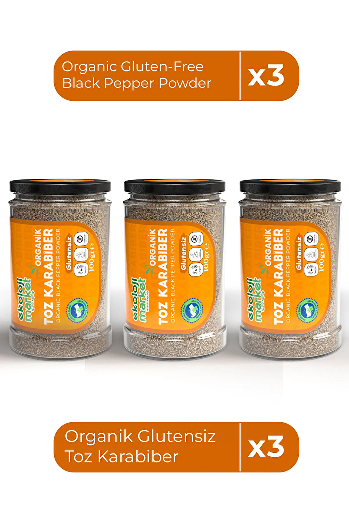 Organik Glutensiz Toz Karabiber 100 Gr x3 / Organic Gluten-Free Black Pepper Powder 100 Gr x3