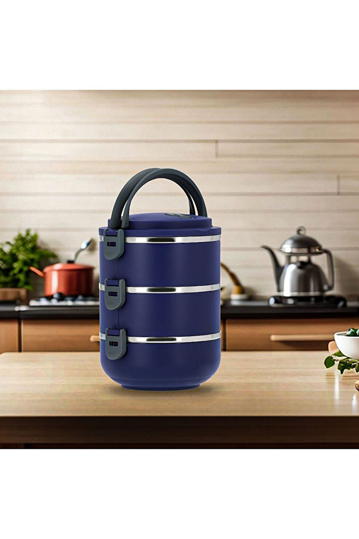 Penguen kulplu çelik sefer tası - yemek termosu saklama kabı 3 katlı yeşil