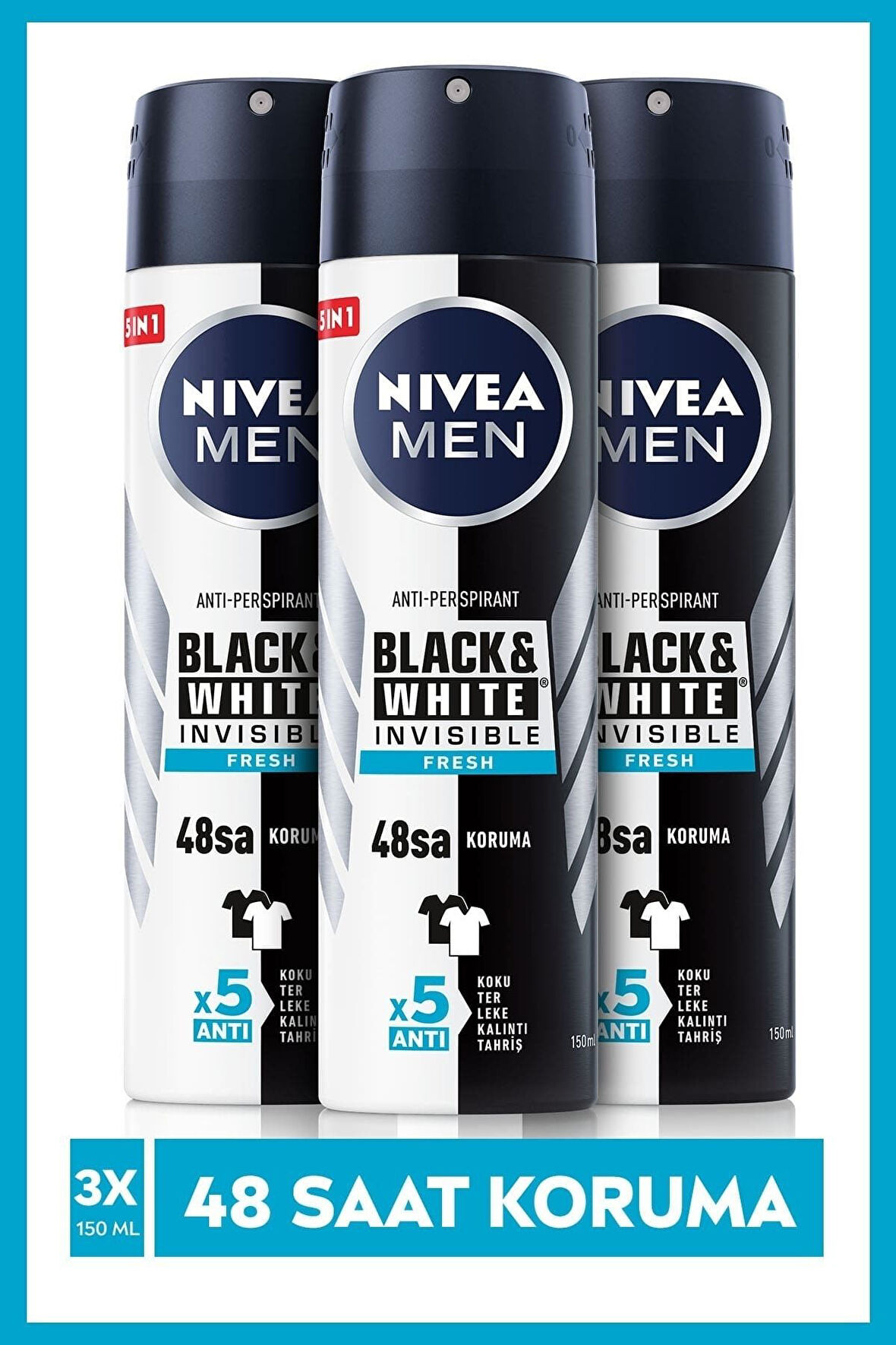 MEN Erkek Sprey Deodorant Black&white Invisible Freshl 150 mlx3adet,48 Saat Anti-perspirant Koruma