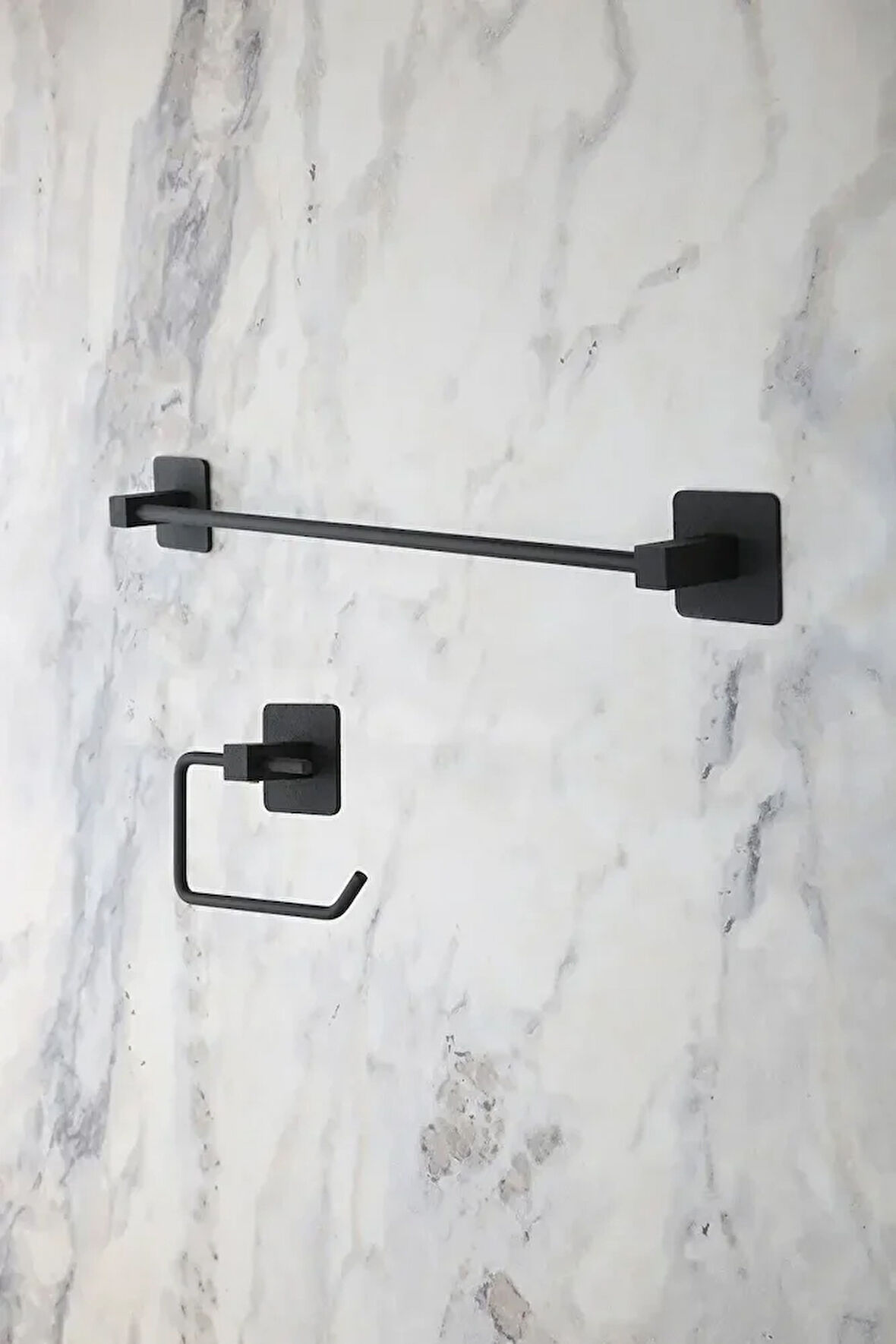 Siyah Kare Yapışkanlı Uzun Havluluk / Açık Tuvalet Kağıtlığı 2li Banyo Düzenleyici Seti