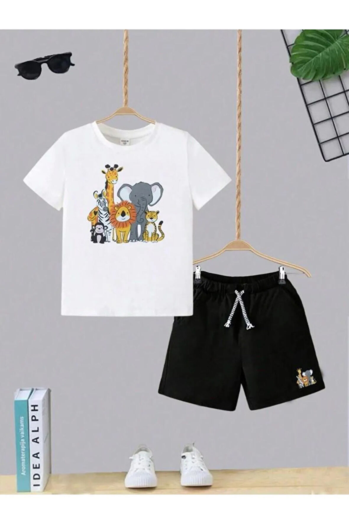 Çocuk Tasarım Hayvanlar Kids Baskılı T-Shirt Şort Alt Üst Takım %100 Pamuk