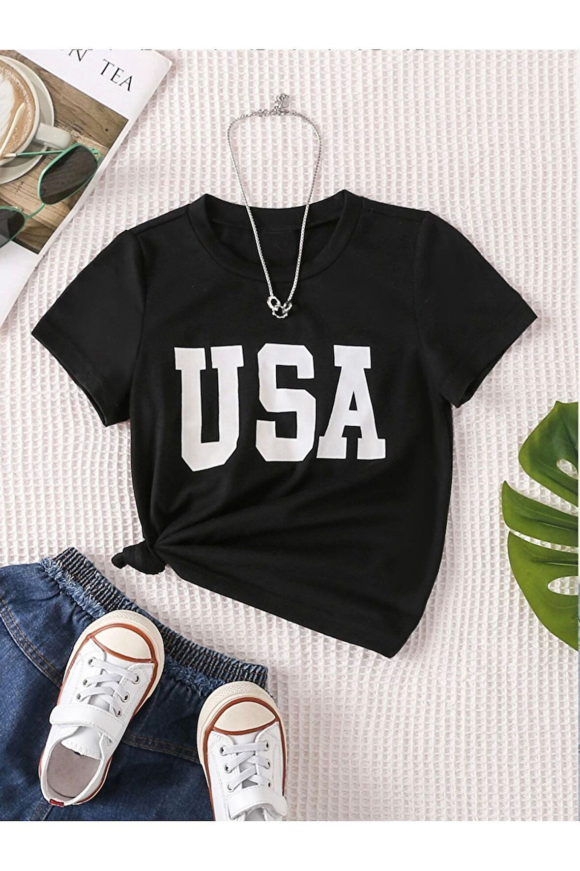 USA Baskılı Pamuklu Kız/Erkek Çocuk Tişört 3-13 Yaş