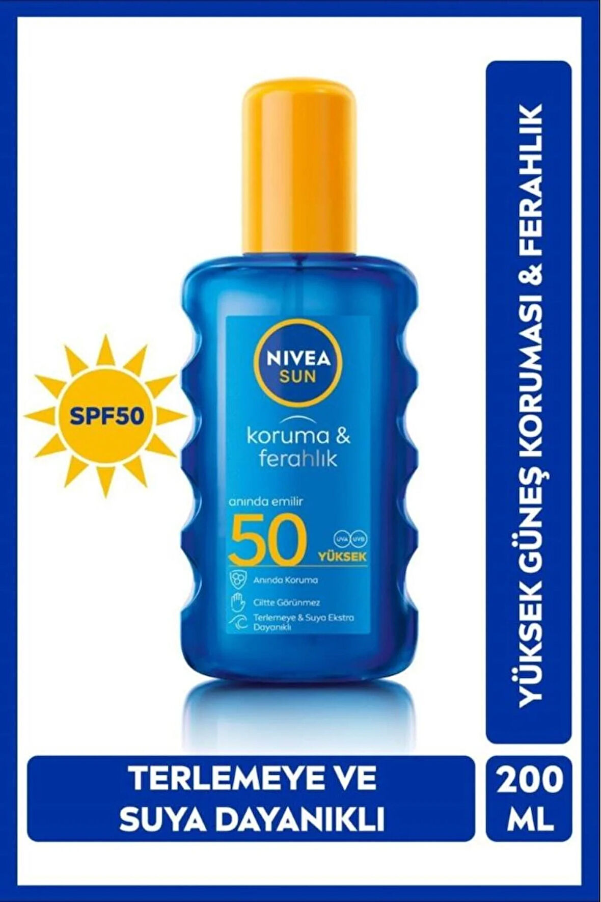 SUN SPF50 Koruma ve Ferahlık Güneş Spreyi 200 ml, Terlemeye Ve Suya Dayanıklı,Transparan