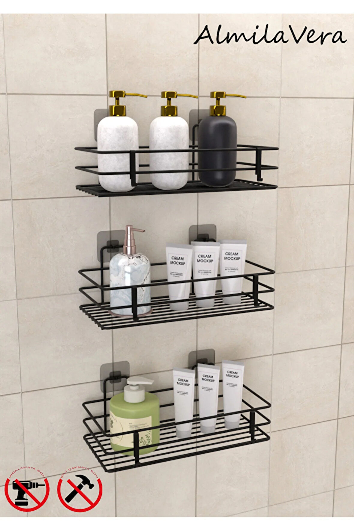 Güçlü Yapışkanlı Kancalı 3 Adet 3 Katlı Banyo Mutfak Düzenleyici Rafı Mat Siyah