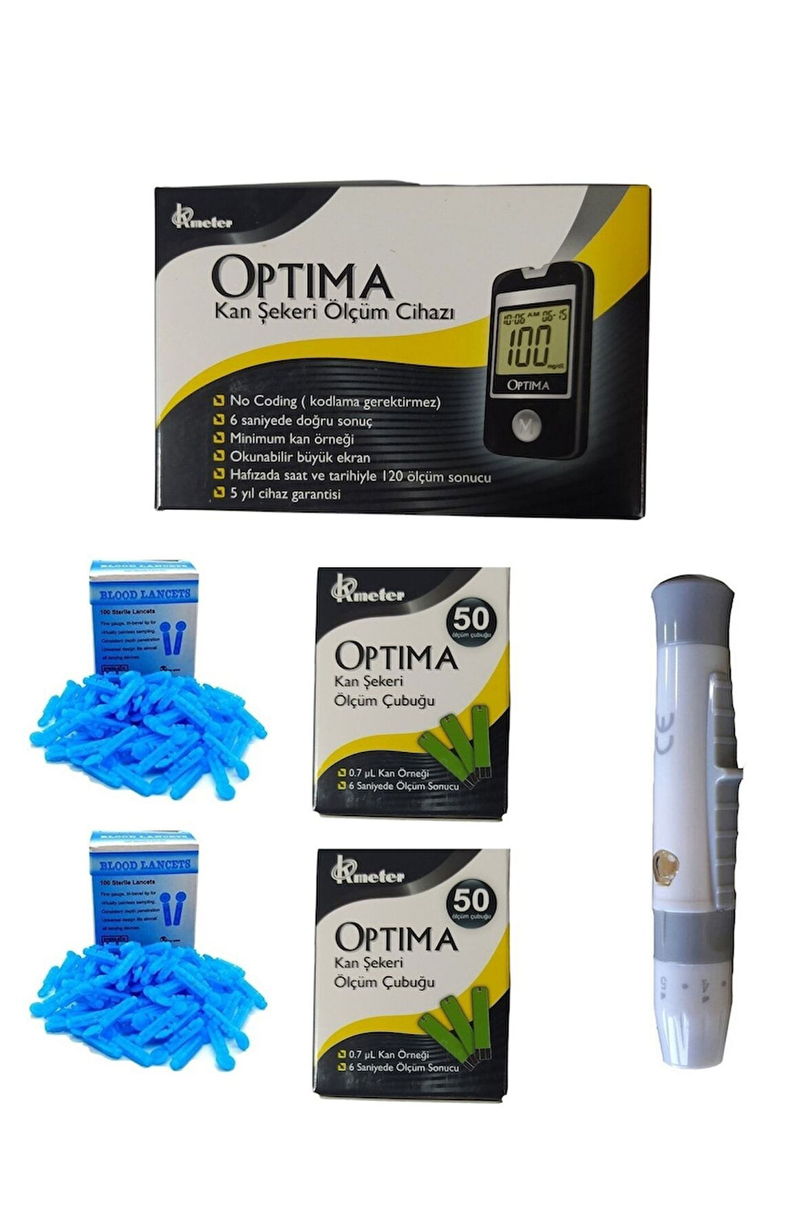 1 Adet Kan Şeker Ölçüm Çubuğu + Delme Kalemi + 2 Kutu Lanset + 2 Kutu Ölçüm Çubuğu
