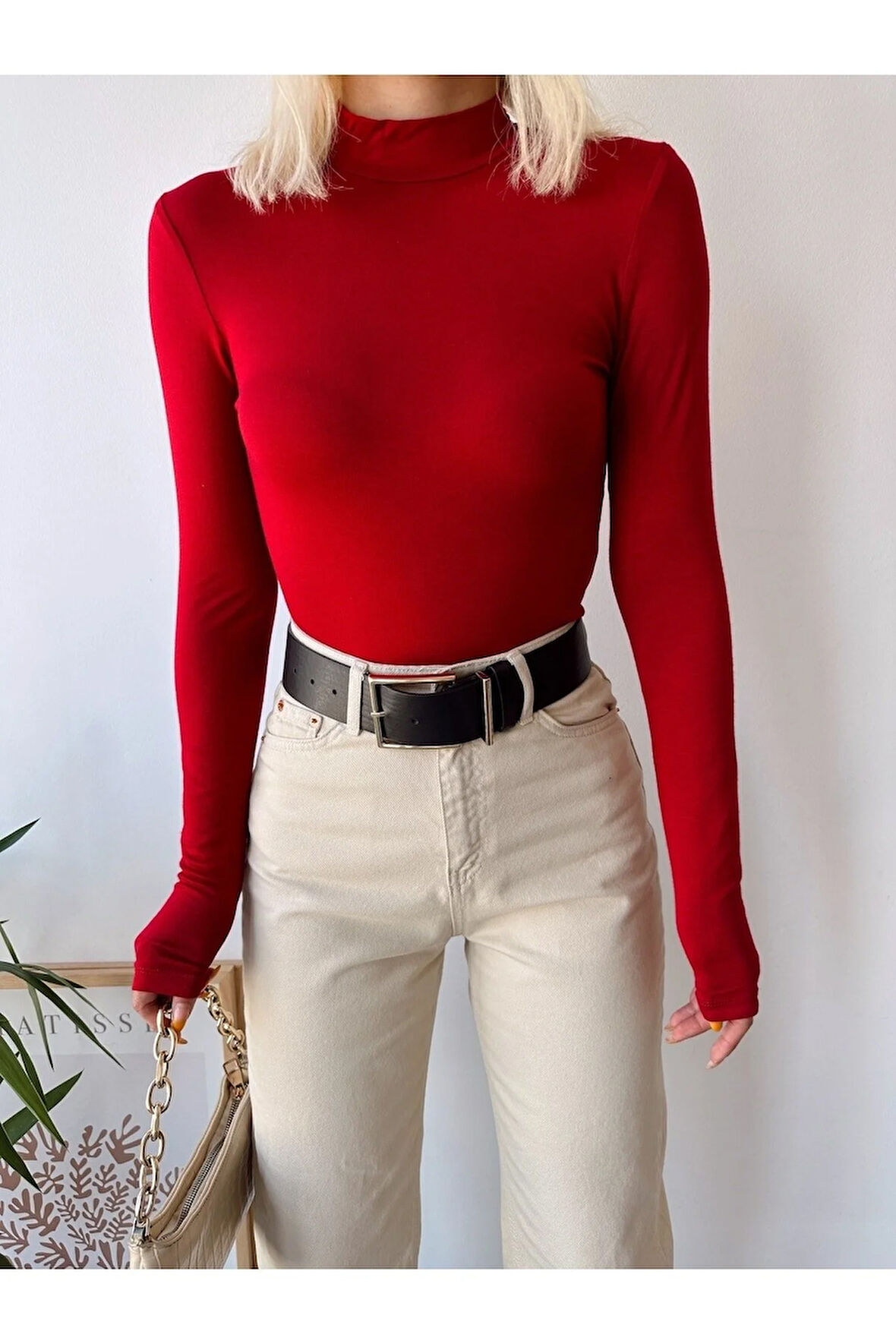 Kadın Kırmızı Dik Yaka Uzun Kol Viskon Bluz