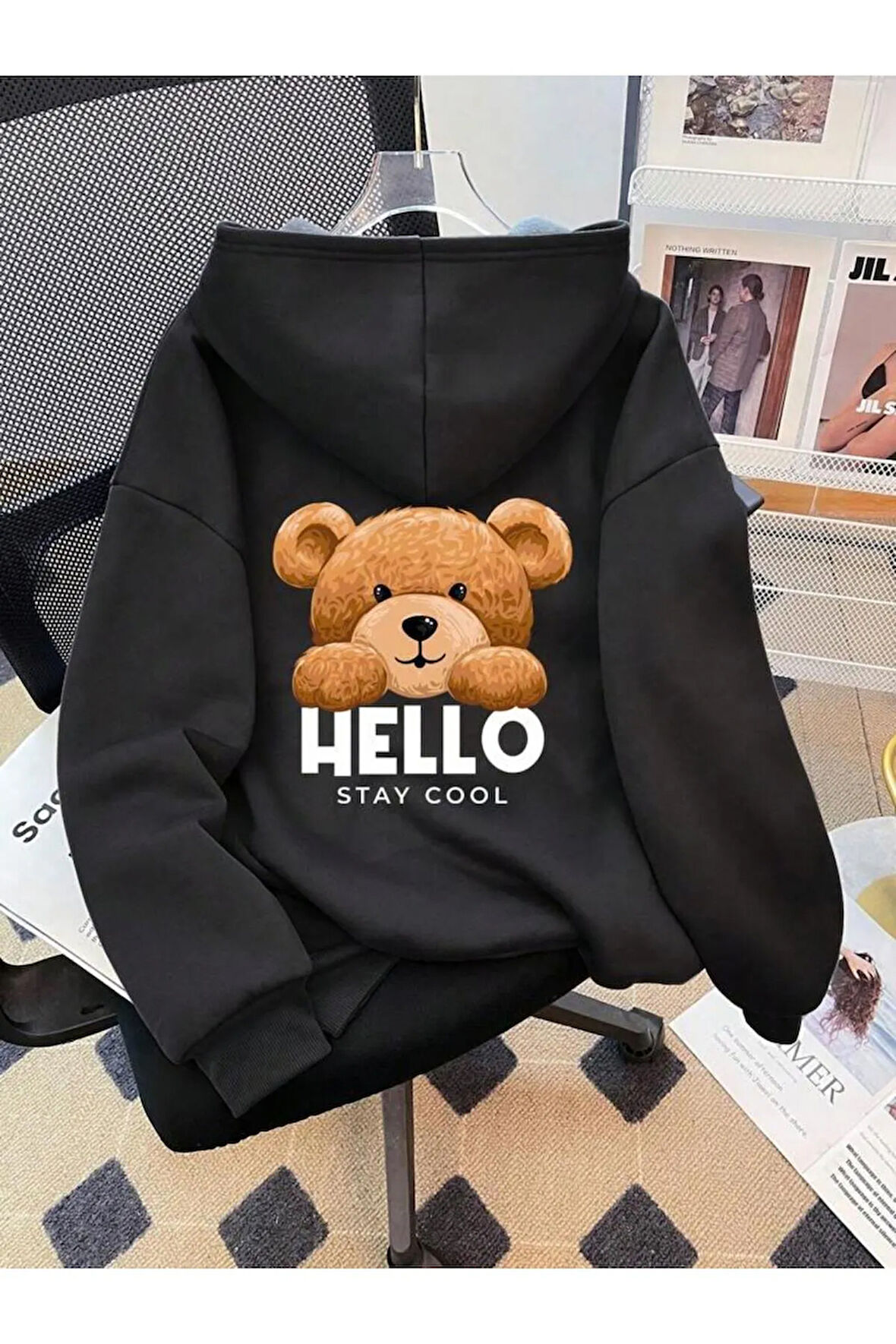 Kız\Erkek Çocuk Siyah Hello Ayıcık Sırt Baskılı Kopşonlu Sweatshirt