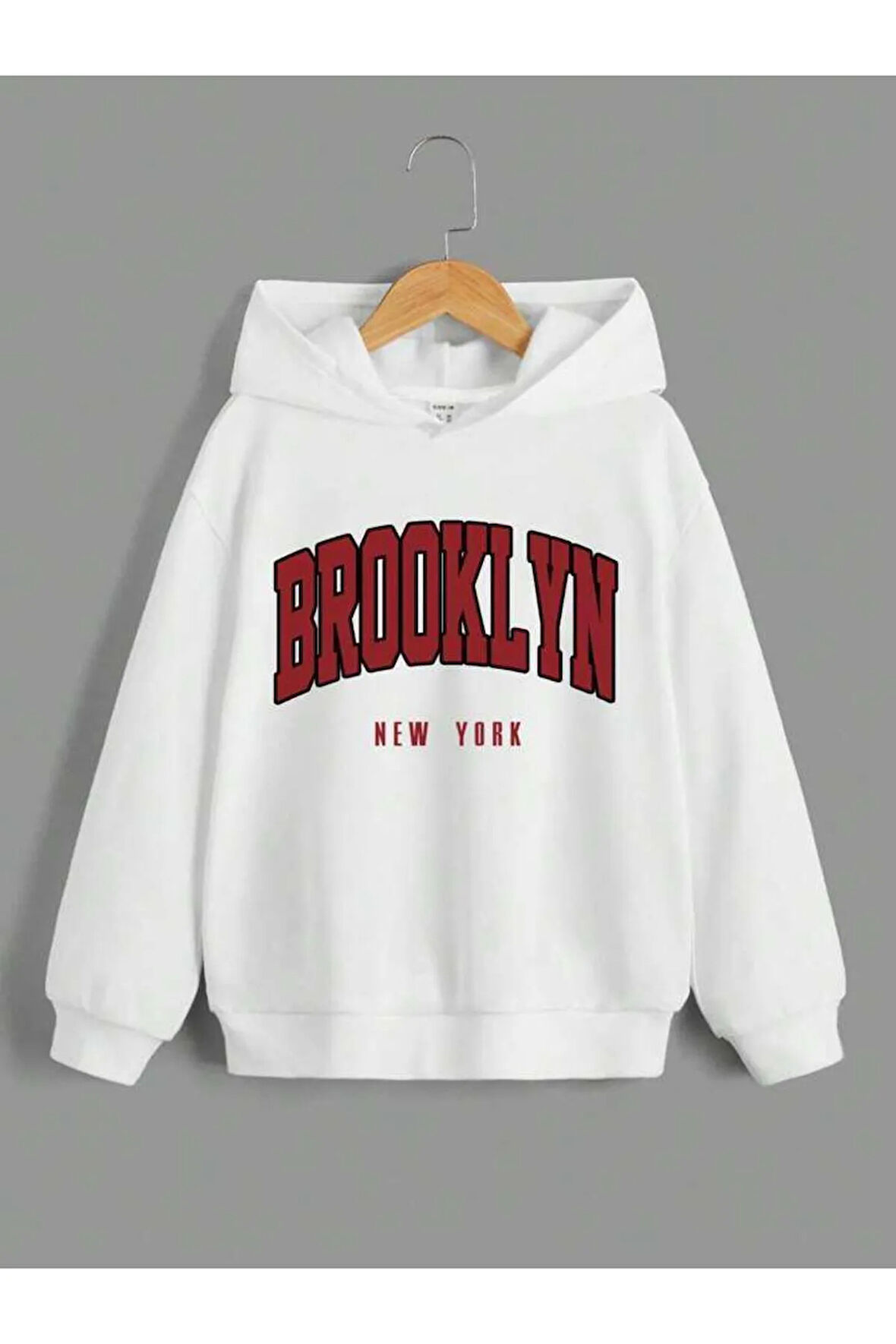 Kız\Erkek Çocuk Beyaz Kırmızı Brooklyn Baskılı Kapşonlu Sweatshirt