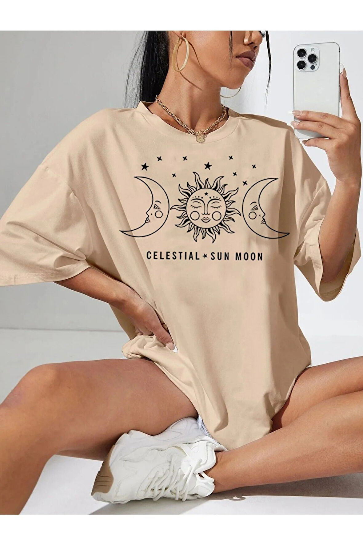 Minimal Kalp Baskılı Acık Kahverengi Oversize Tshirt