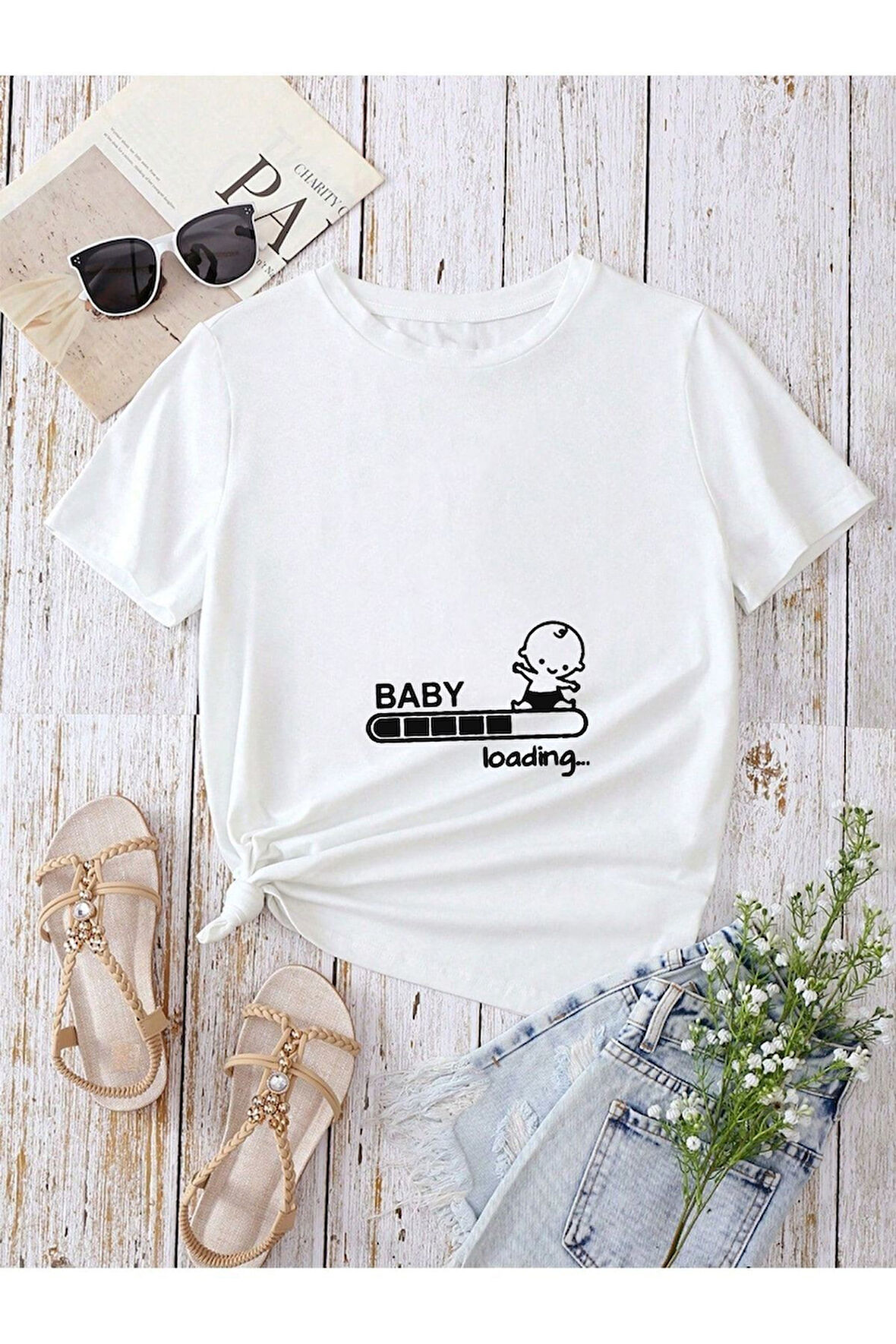 Oversize Hamile T-shirt Baby Loading Baskılı Açık Beyaz