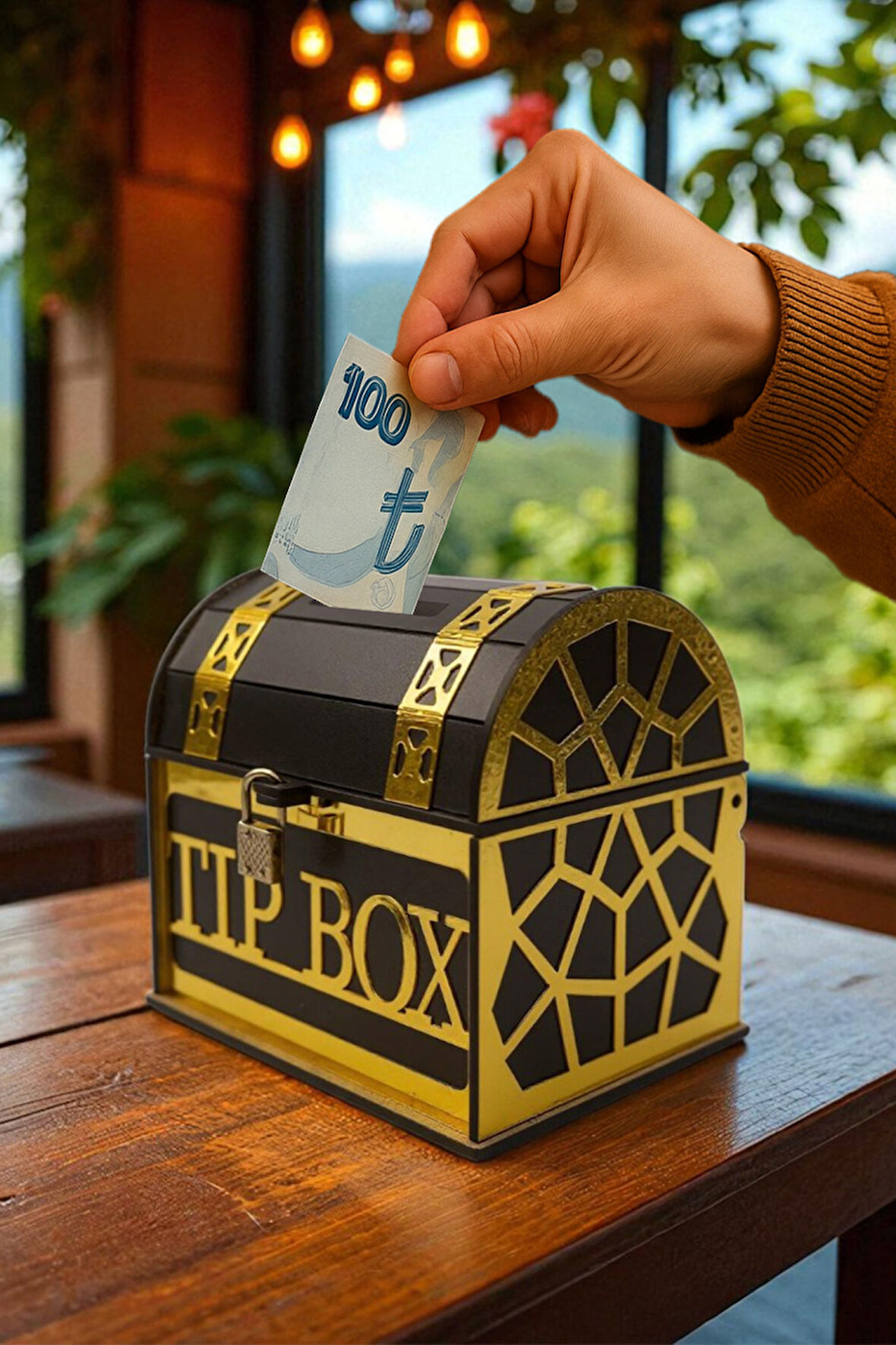 Nomika Tasarım Tip Box- Bahşiş Kutusu - Kumbara “Sandık Tipi Tipbox” Siyah+Gold Renk