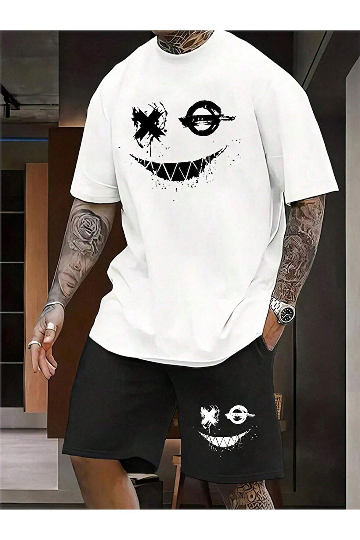 Siyah Erkek 2li Oversize Dragon Baskılı Pamuklu  Beast Mode Tişört ve Şort Takımı