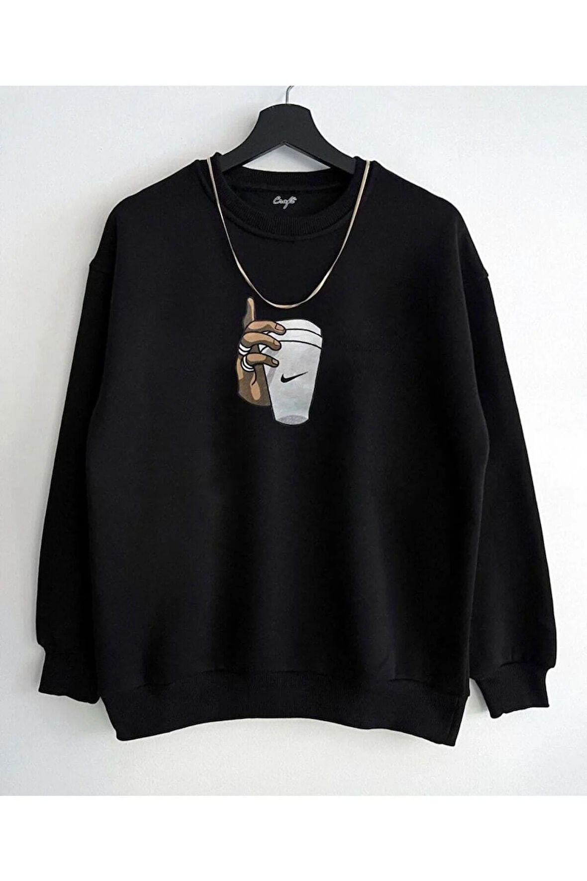 Üçiplik Unisex Siyah Bardak Baskılı Bisiklet Yaka Sweatshirt