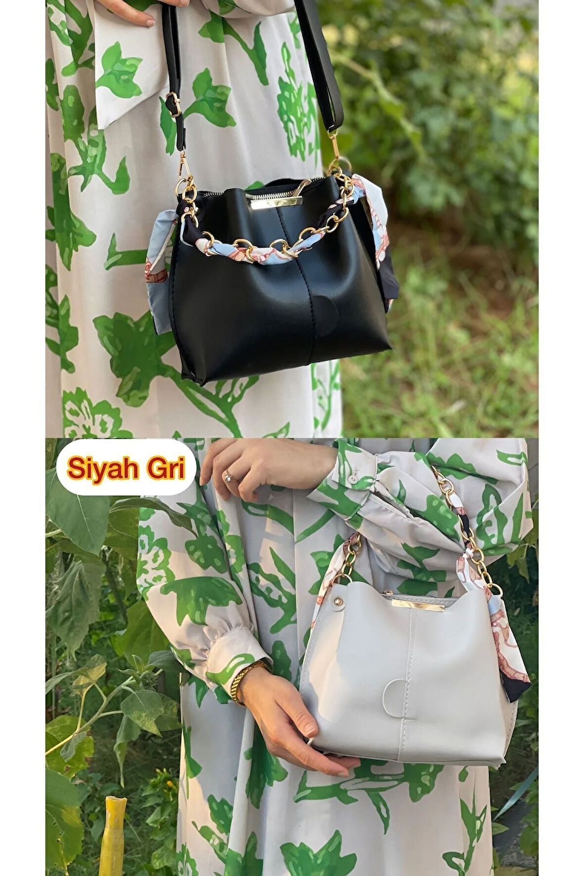 Kadın 2 Li Paket Fularlı Zincir Aksesuarlı Yumuşak Deri 3 Bölmeli El Kol Ve Omuz Çantası