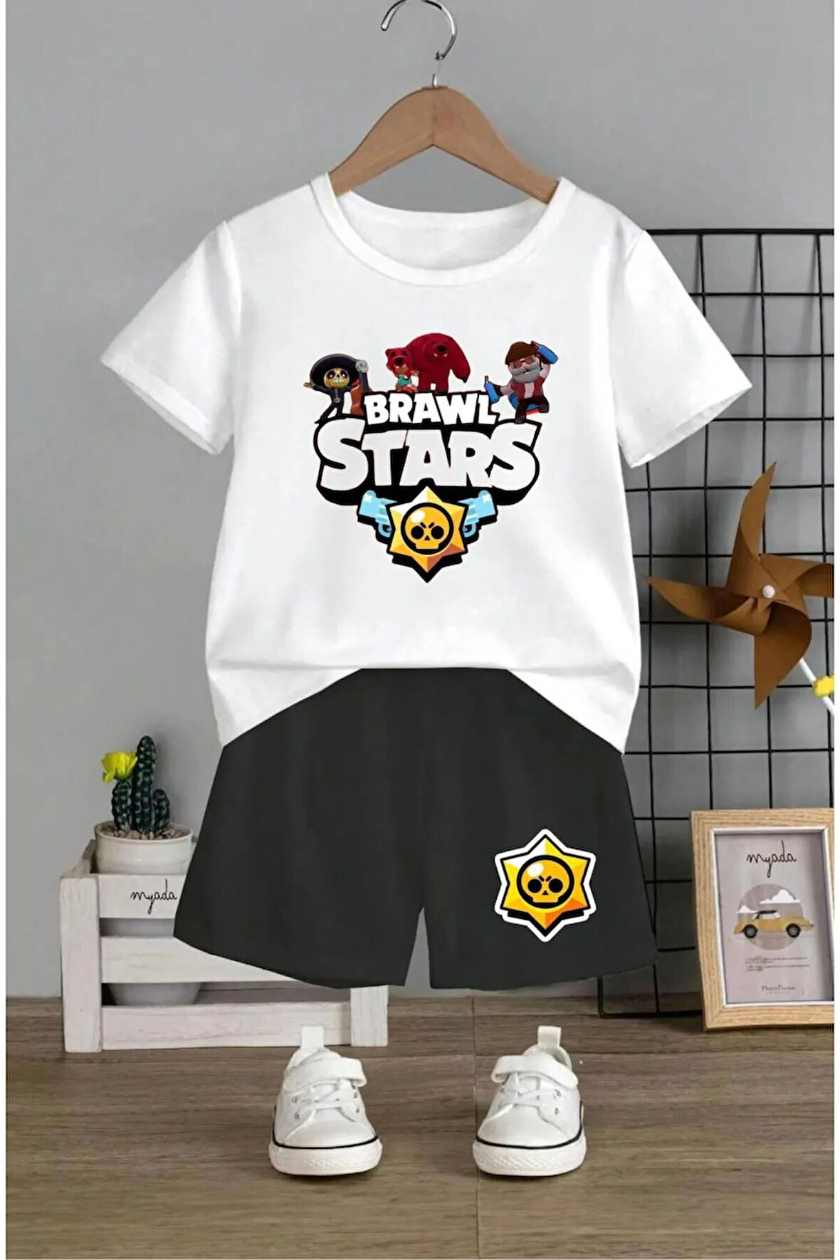 Unisex Çocuk Tasarım Brawl Stars Renkli Baskılı %100 Pamuk T-Shirt Şort Alt Üst Takım