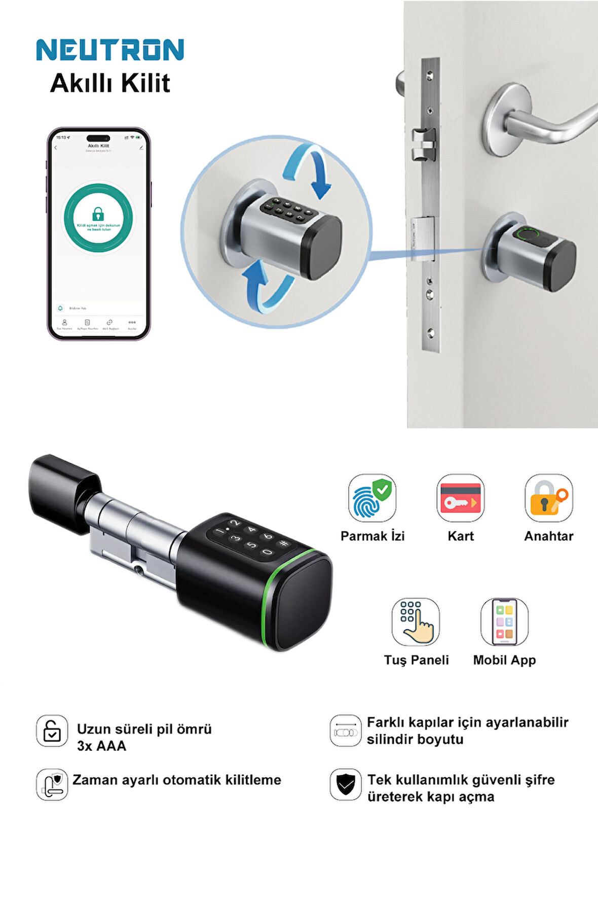NEUTRON NTL-SC-02FKPB Parmak izi, Anahtarlı, Tuşlu, Kartlı ve Uzaktan Kontrollü Akıllı Kapı Kilidi Siyah