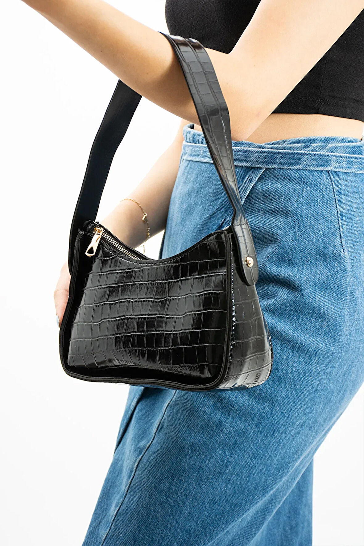 Kadın Kroko Desenli Baget Çanta