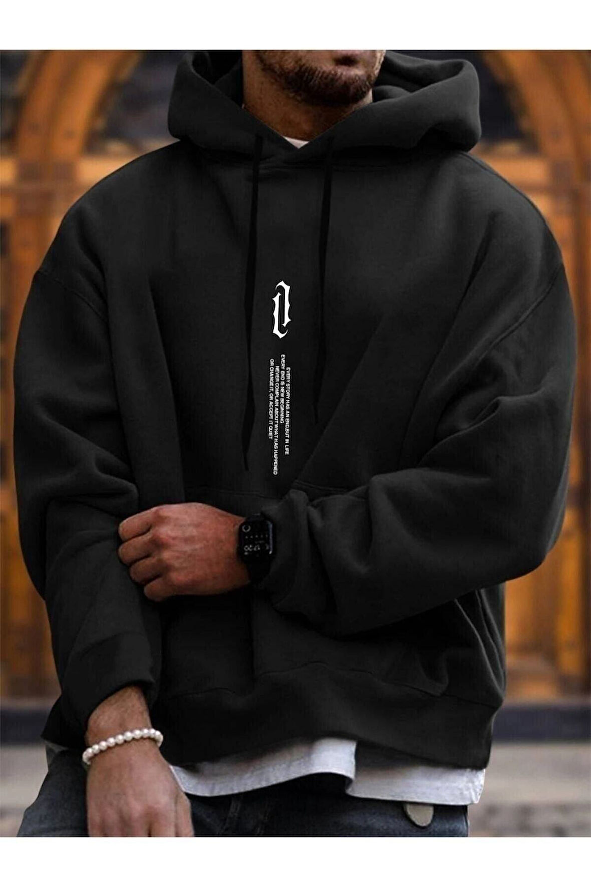 LUNAVISITA Unisex Siyah Spirit Baskı Oversize Kapşonlu Sweatshirt