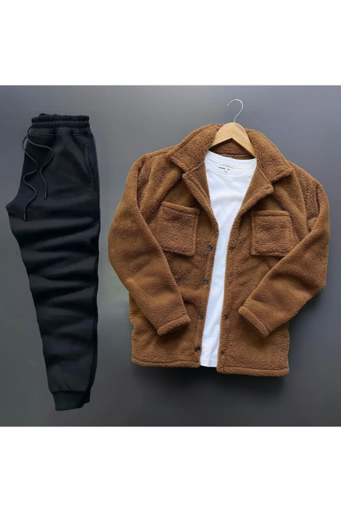 Peluş Ceket + Kışlık Eşofman 2li Kombin - Kahve Rengi