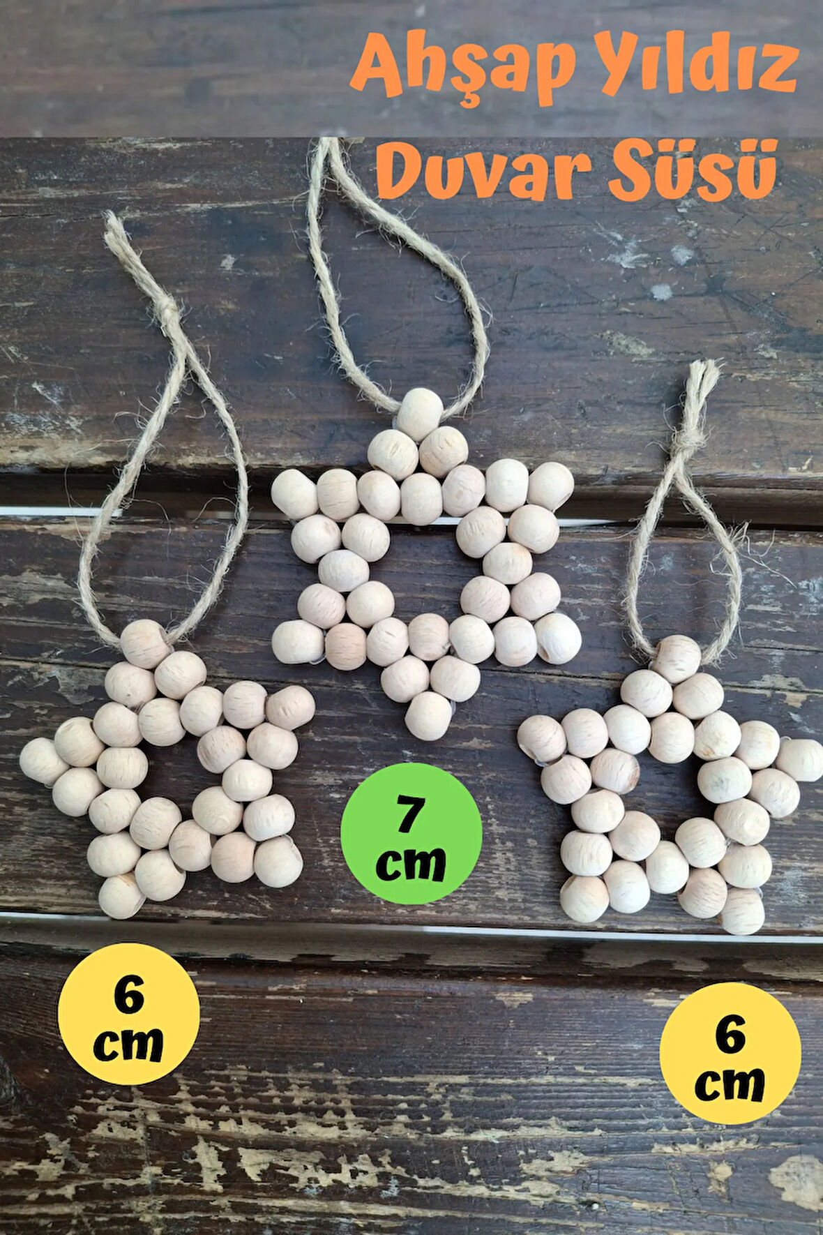 Dekoratif Ahşap Boncuklu Yıldız Set 3'lü, Kapı Duvar Mutfak Bebek Odası Süsü