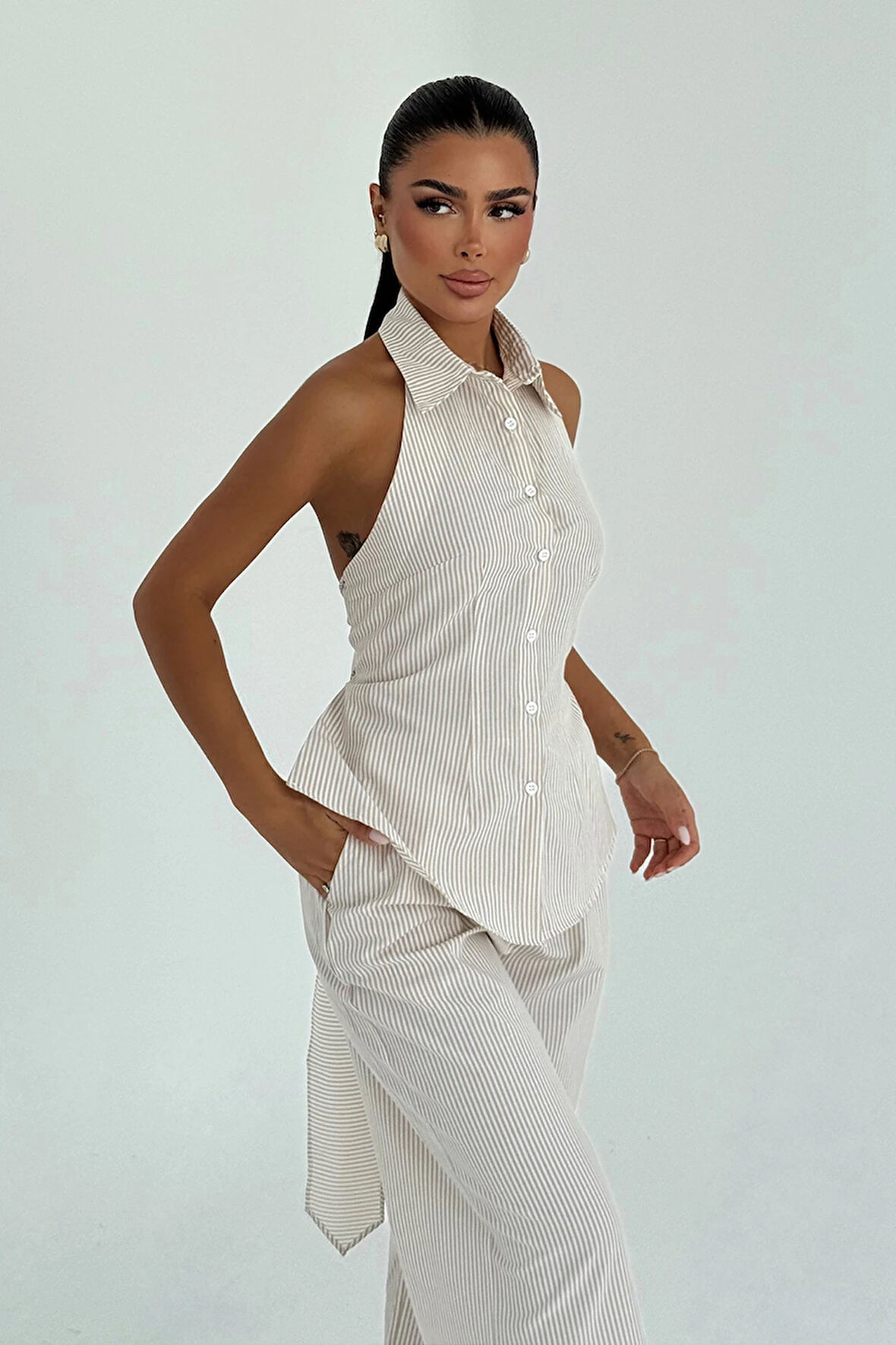 Bej Moxie Çizgili Arkadan Bağlamalı Takım ATE-3311