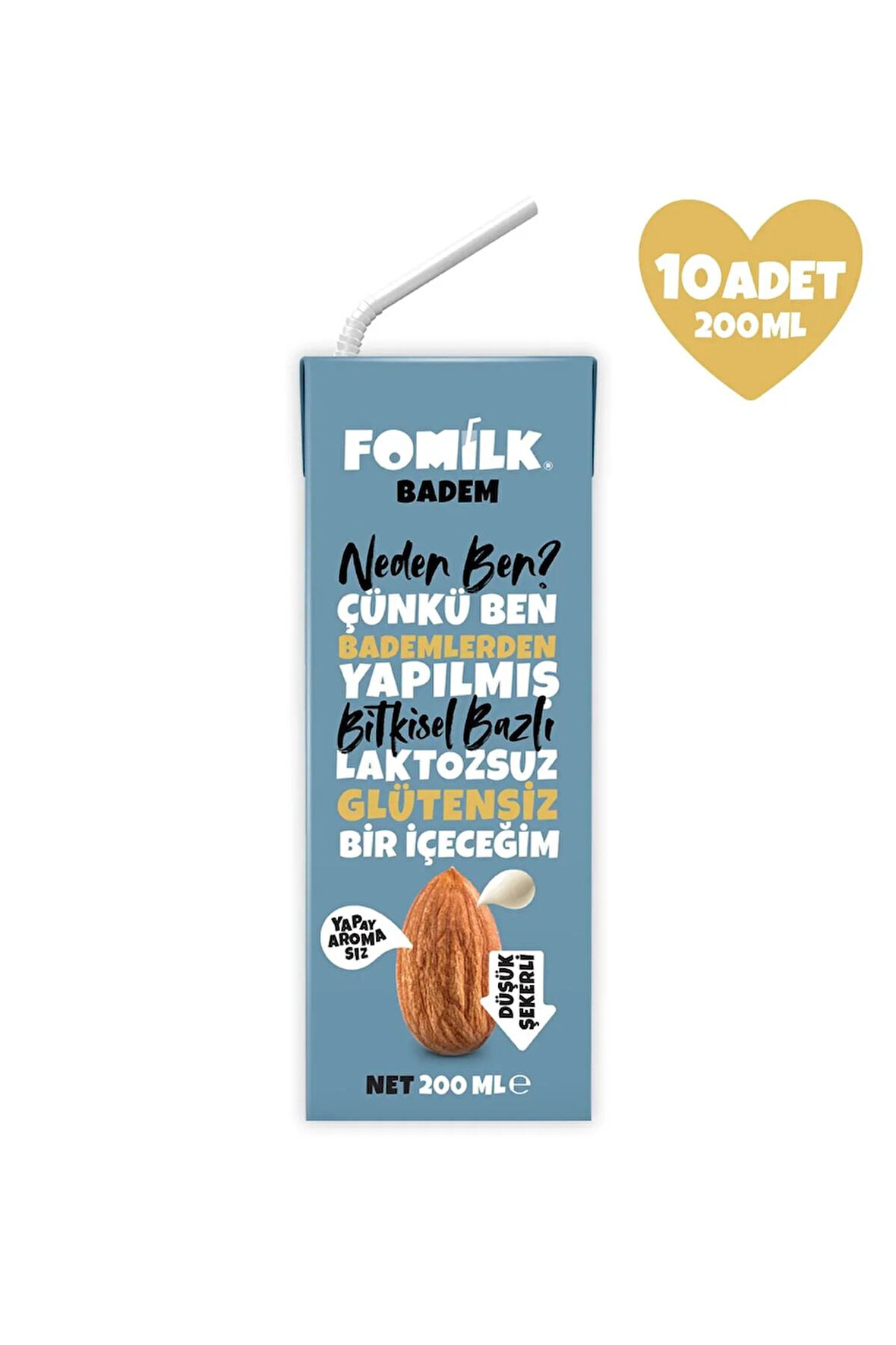 Badem Sütü Glutensiz Bitkisel Bazlı Laktozsuz Vegan 200 Ml x 10 Adet