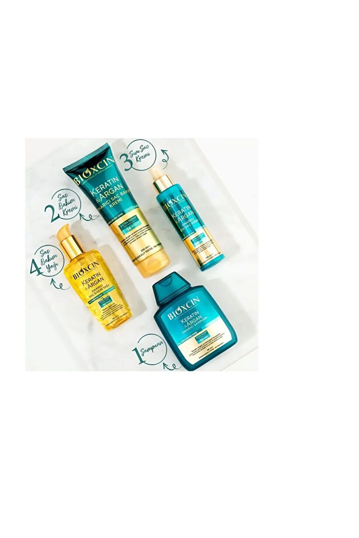 Keratin Onarıcı Bakım Şampuan 300 ml+Keratin Krem 250ml+Argan Yağı 150ml+Onarıcı Sıvı Yağ 150ml