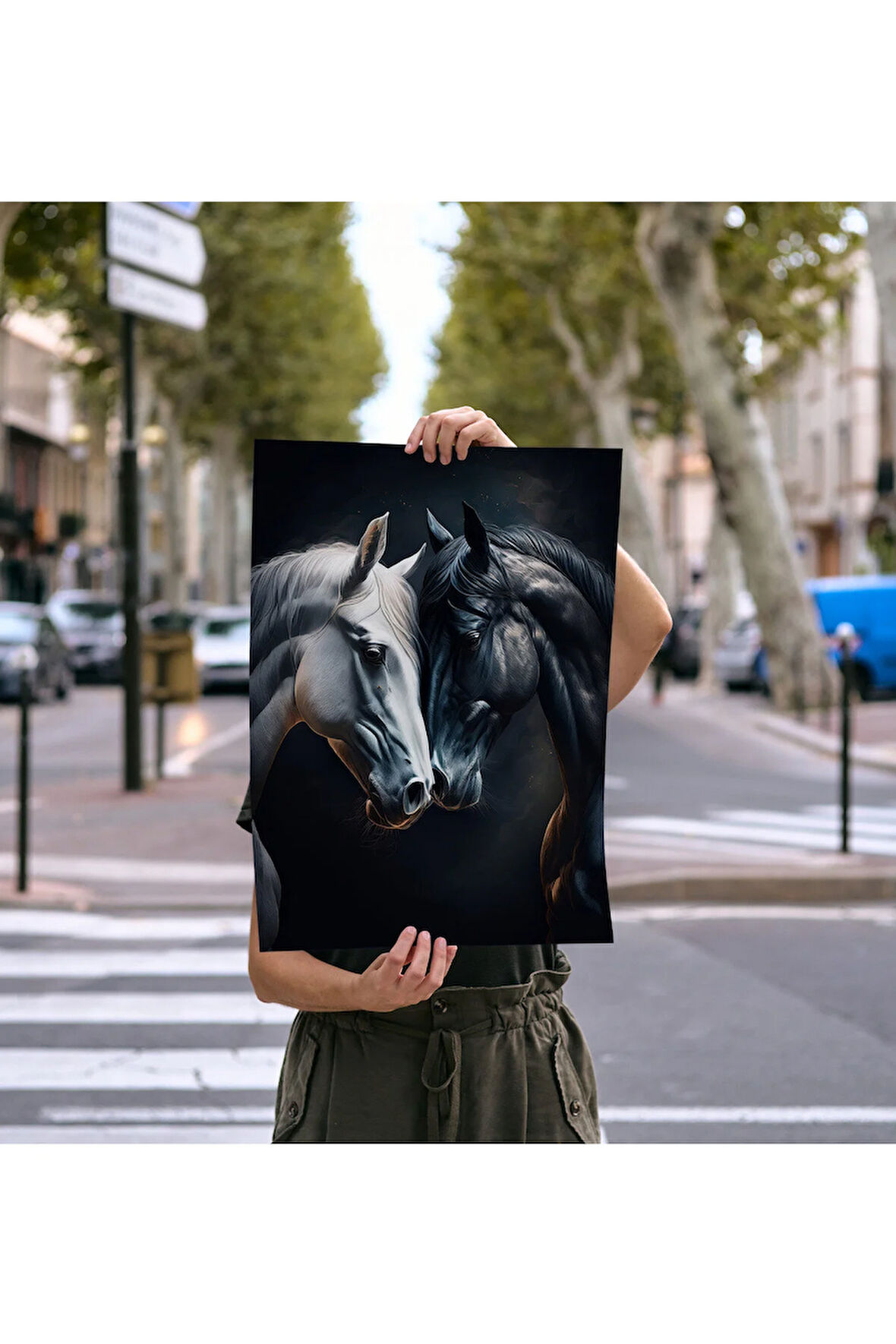 Çerçevesiz Poster, Dijital Baskı, Siyah ve Beyaz At , Ofis Salon Dekorasyon, Sevgili Eş Çift Posteri