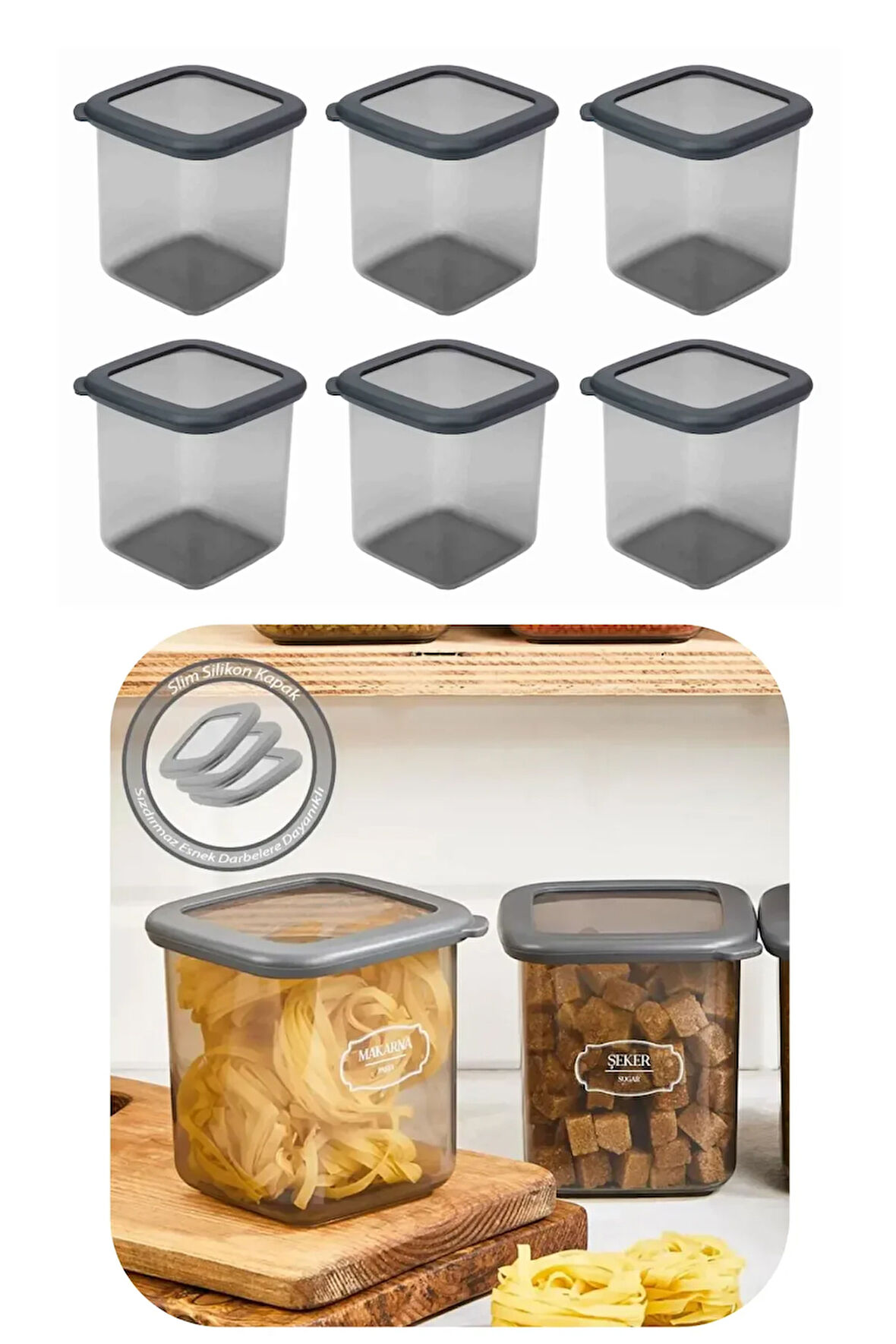 800 ml Gri Kare Saklama Kabı Silikon Kapak Hava Geçirmez Kuru Baklagil Kahve Bakliyat Makarna Kutu