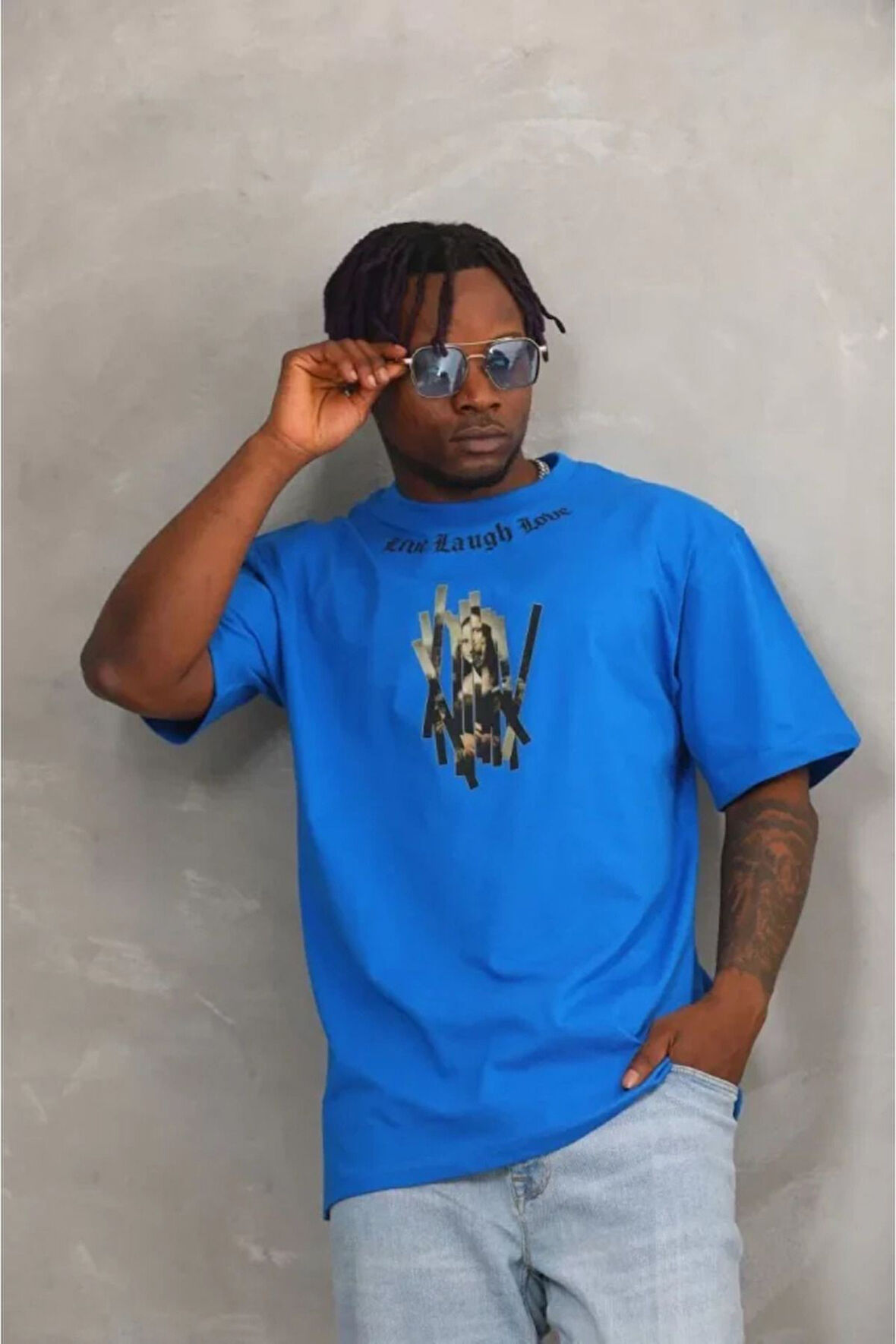 Drgy Unisex Oversize Baskılı Bisiklet Yaka T-shirt - Mavi