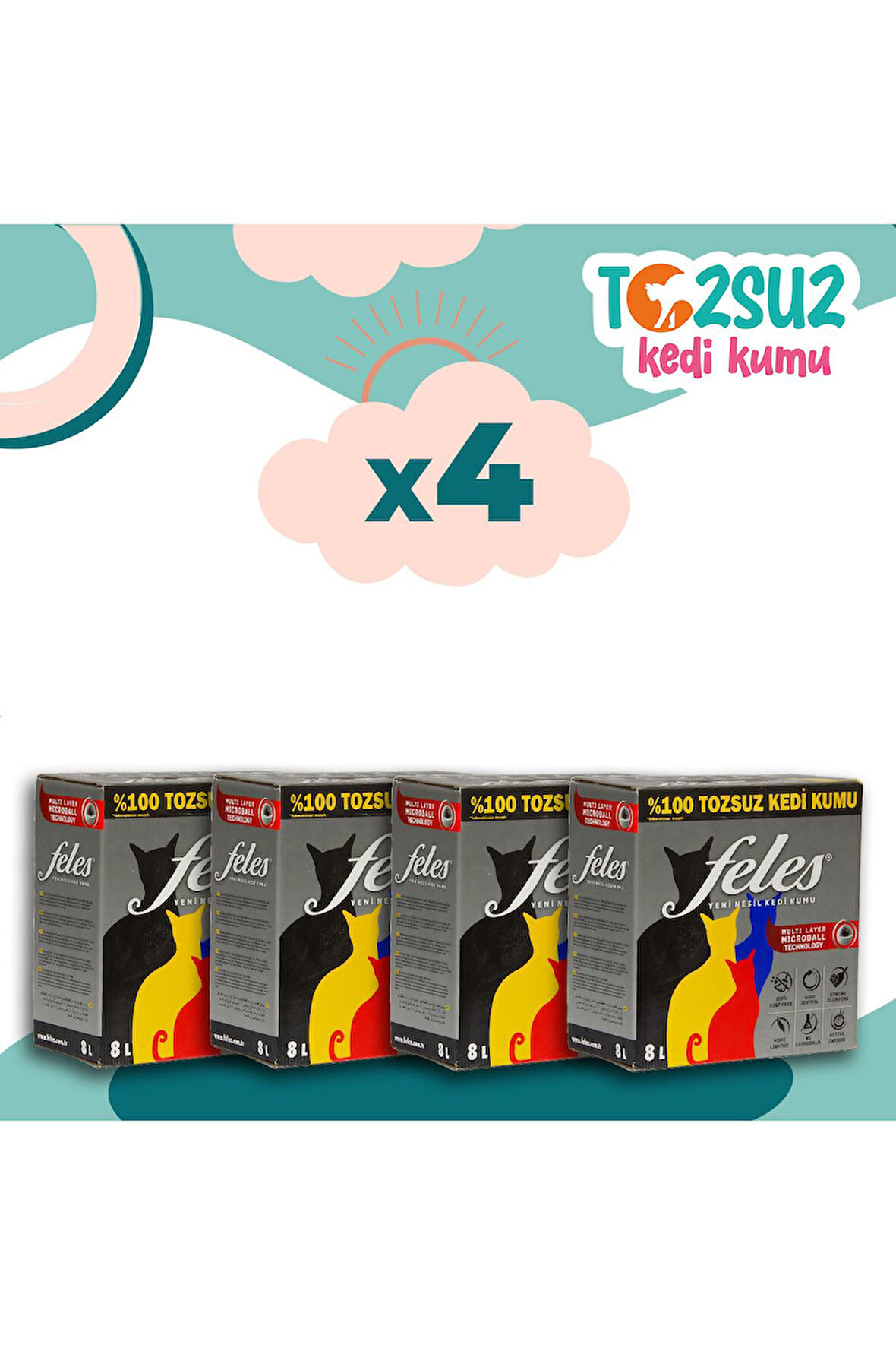 Tozsuz Kedi Kumu 4 Adet Kutu (TAMAMEN DOĞAL , AKTİF KARBONLU)