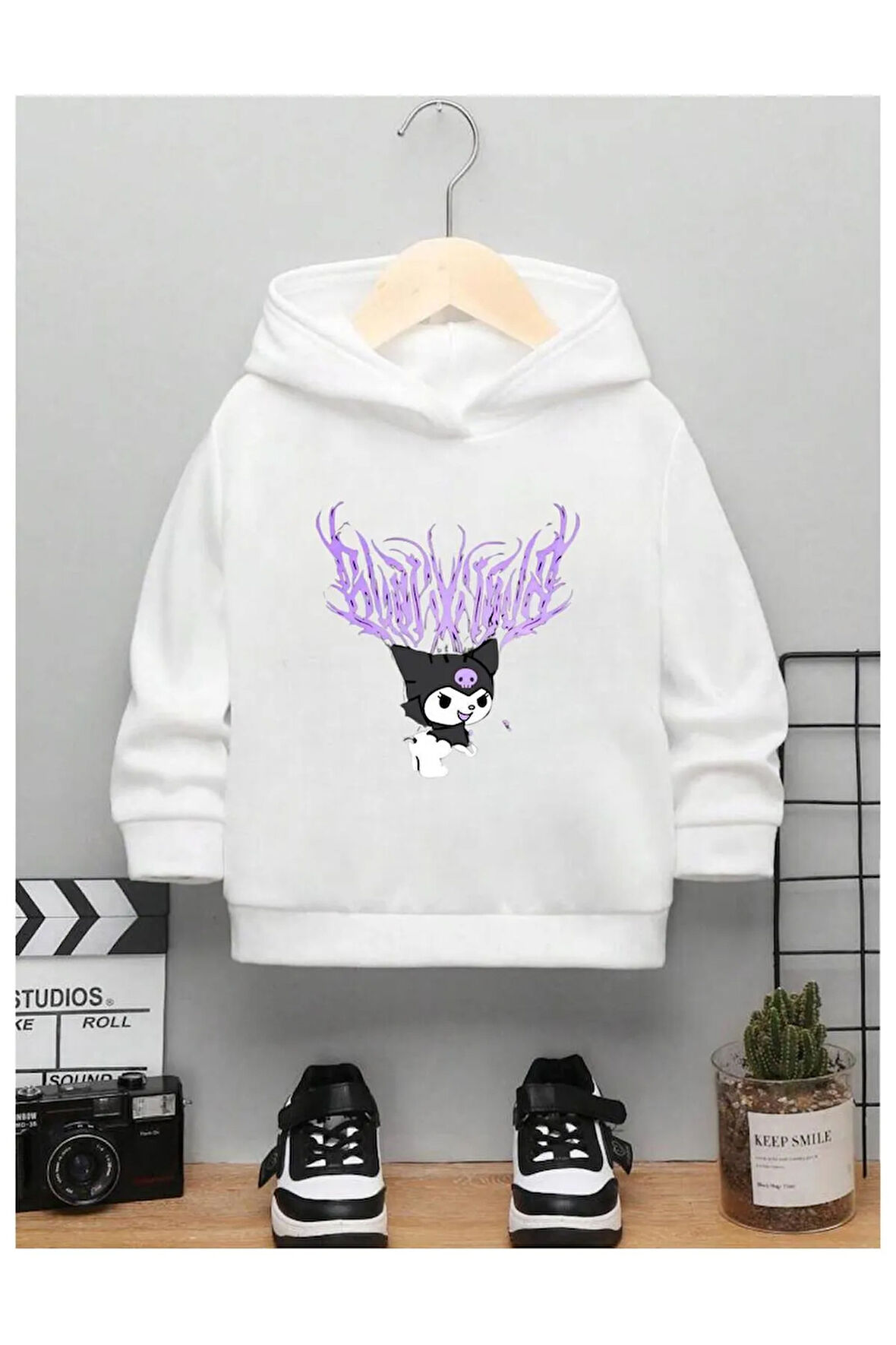 Çocuk Tasarım Kuromi Mor Baskılı Kapüşonlu Sweatshirt Pamuklu
