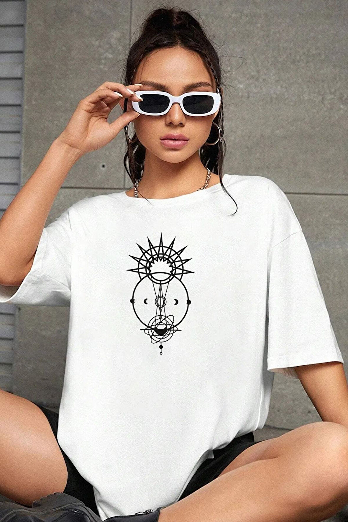 Oversize Panda Baskılı Beyaz Tshirt