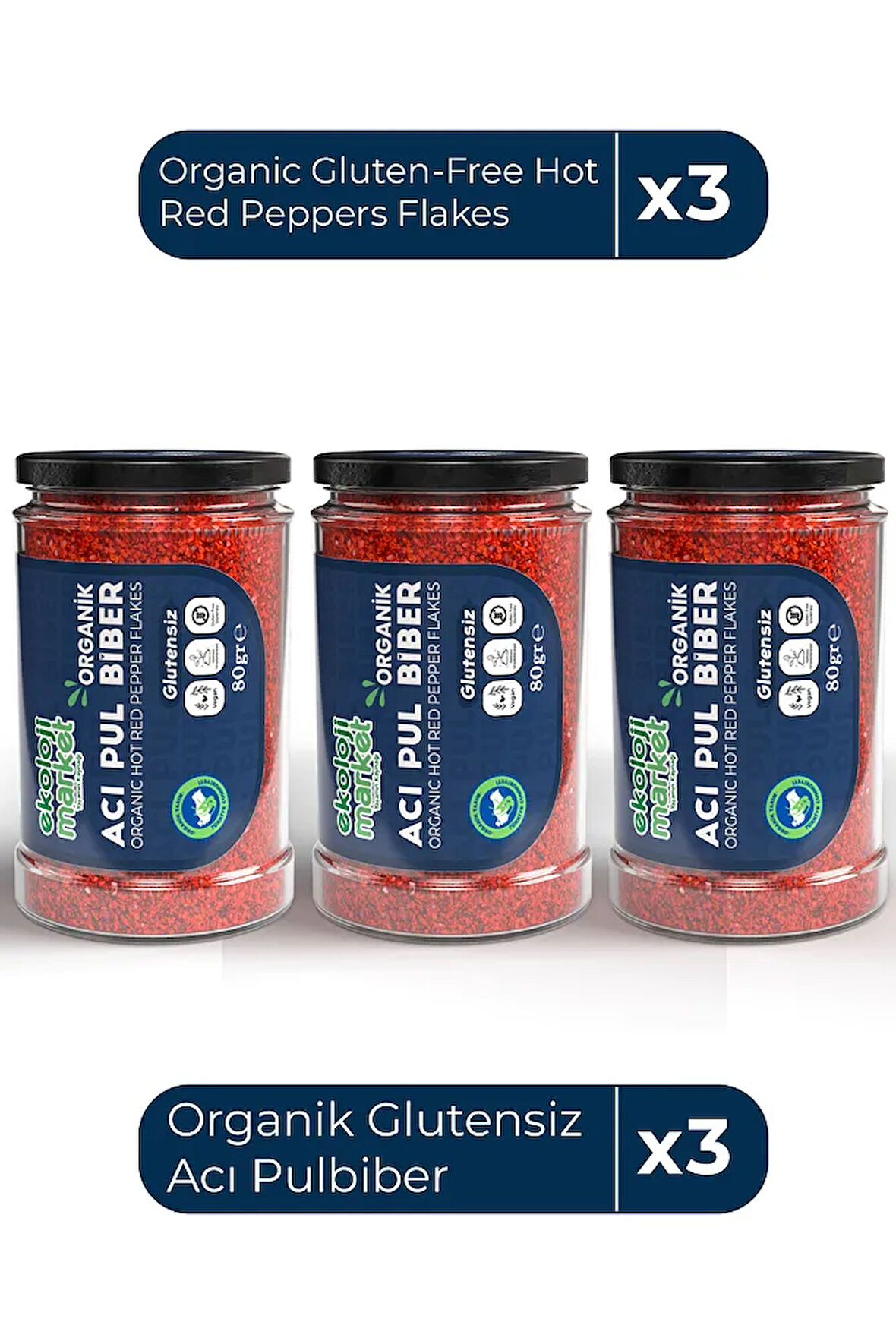 Organik Glutensiz Acı Pulbiber 80 Gr x3 / Organic Gluten-Free Hot Red Pepper Flakes 80 Gr x3