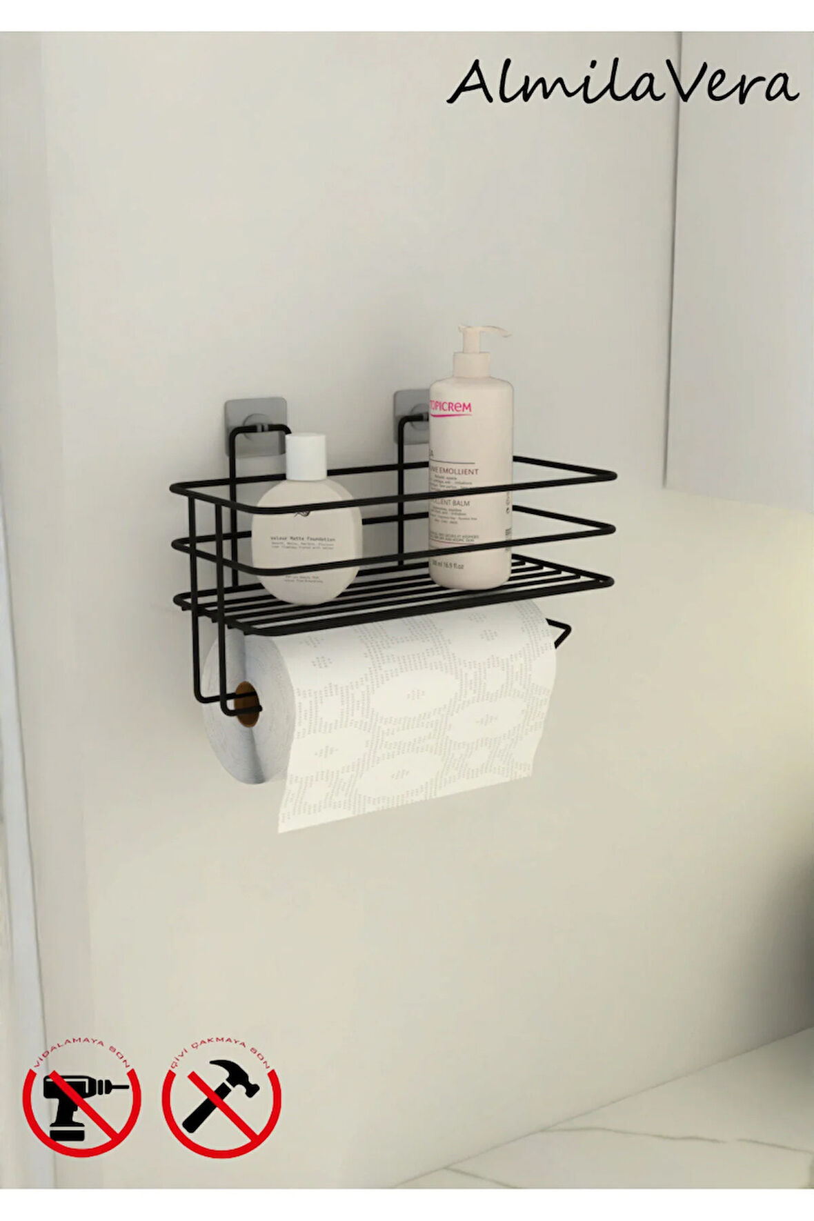 Yapışkanlı Raflı Kağıt Rulo Havluluk Peçetelik Siyah Banyo Mutfak Düzenleyici Raf