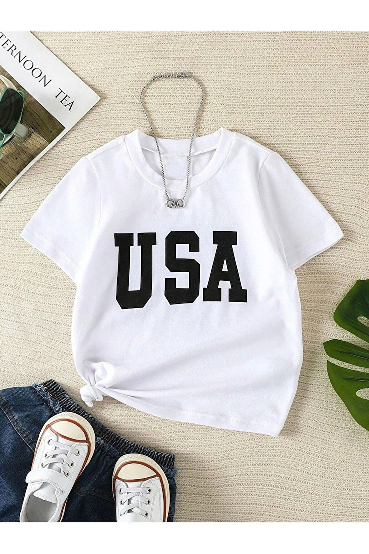 USA Baskılı Pamuklu Kız/Erkek Çocuk Tişört 3-13 Yaş