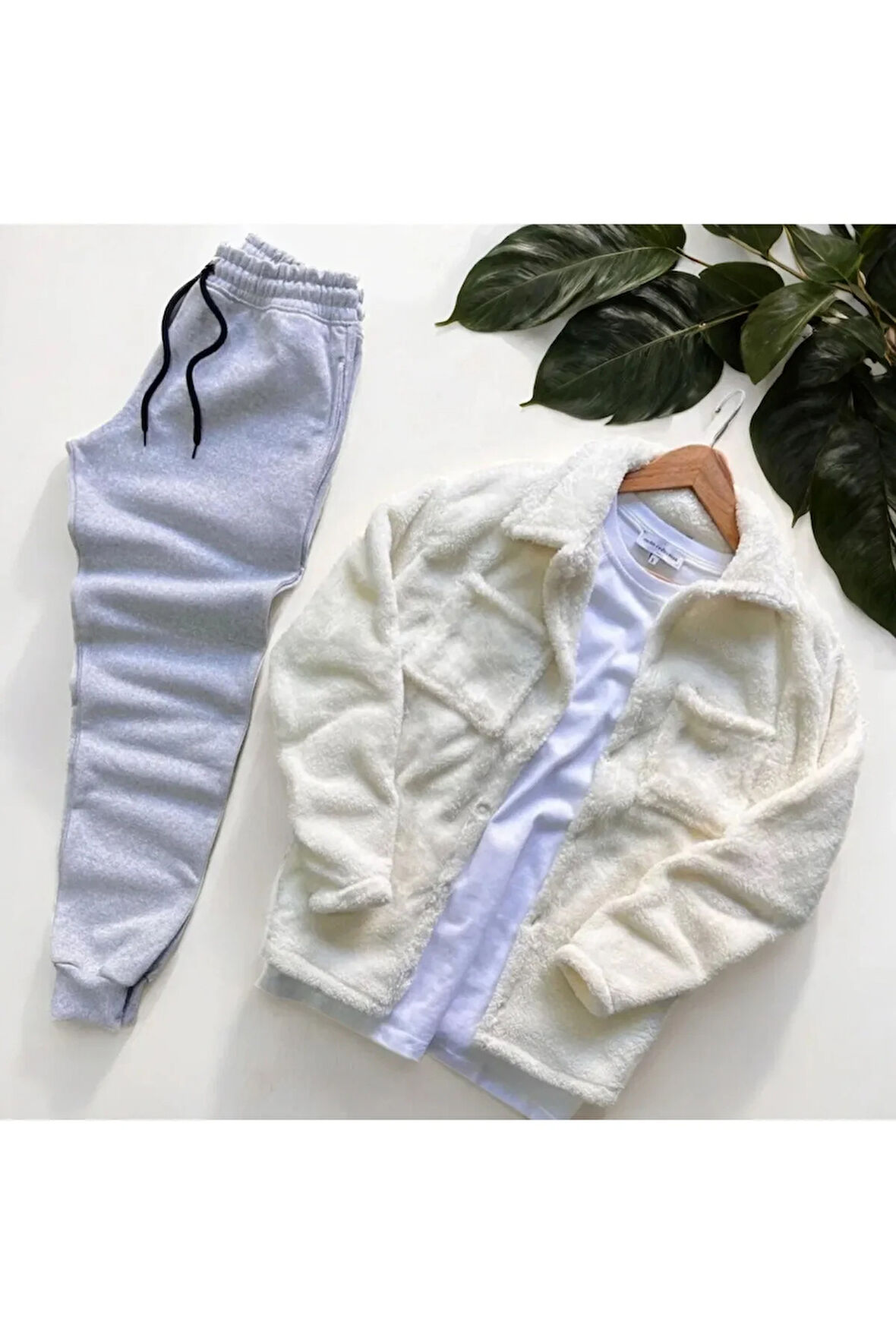 Unisex beyaz Peluş Polar Hırka Gömlek gri Eşofman Altı ( Tişört Dahil Değildir)