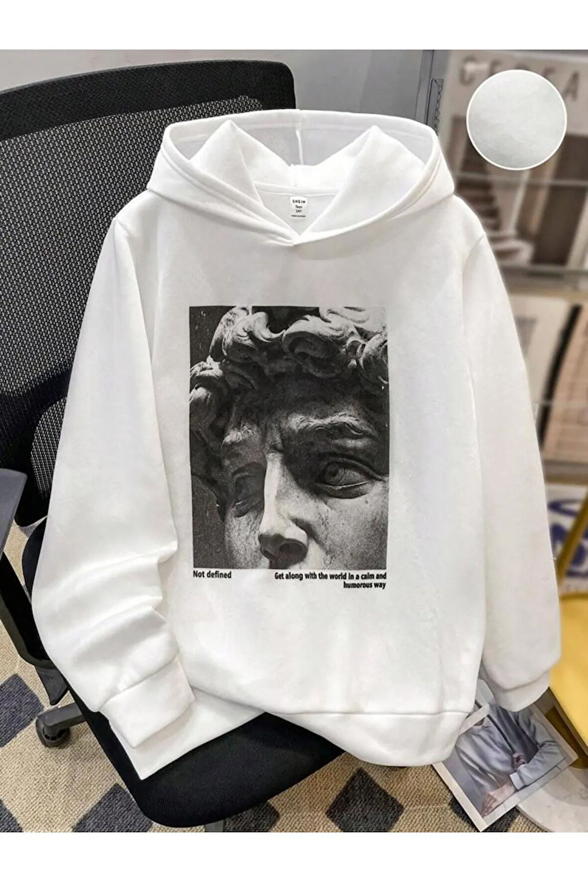 Kız\Erkek Çocuk Beyaz Heykel Baskılı Kapşonlu Sweatshirt