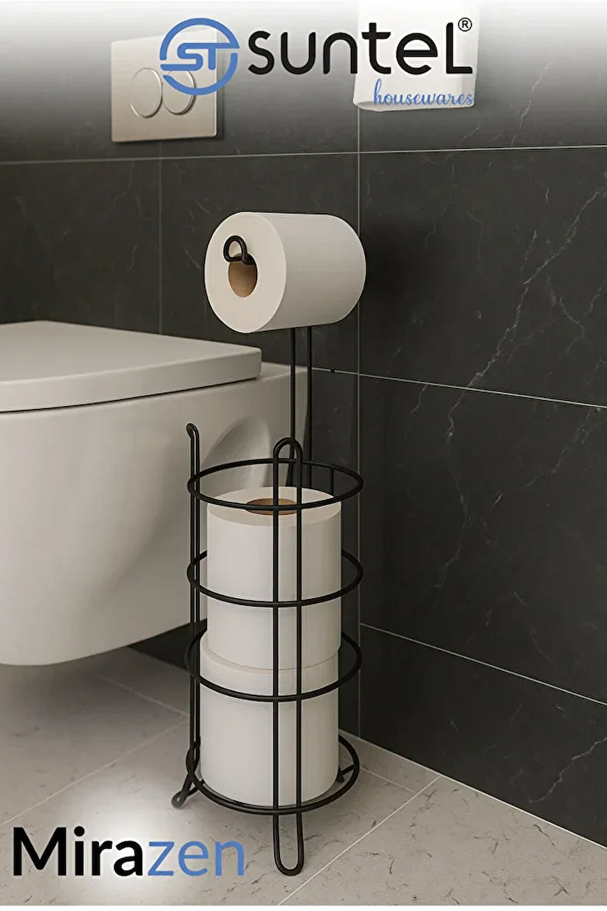 Yedekli WC Kağıtlık - Siyah Tuvalet Kağıdı Standı - Banyo Aksesuarı