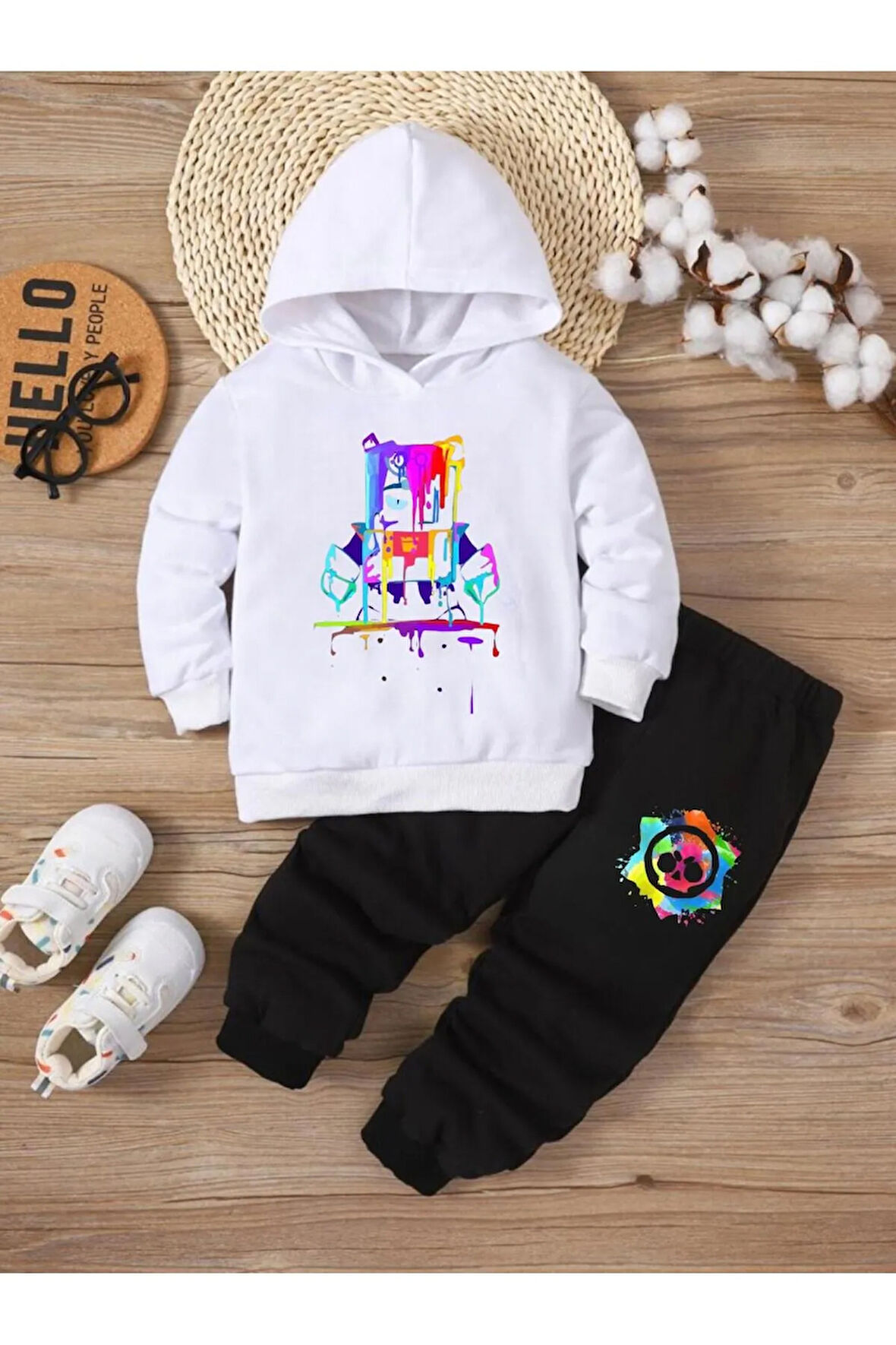 Çocuk Tasarım Brawl Stars Boyacı Renkli Baskılı Kapüşonlu Sweatshirt Pamuklu