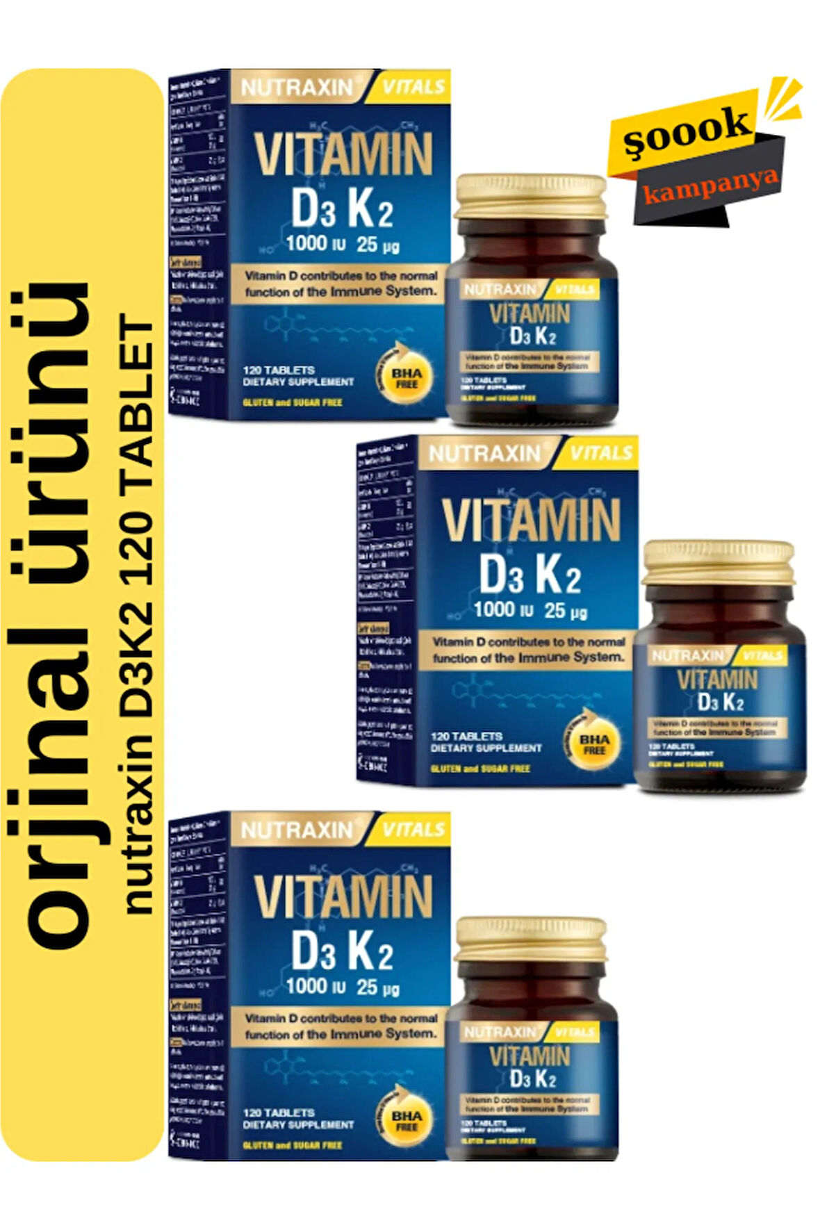 Nutraxin Vitamin D3 K2 Vitamini İçeren Takviye Edici Gıda 120 Tablet * 3 Adet