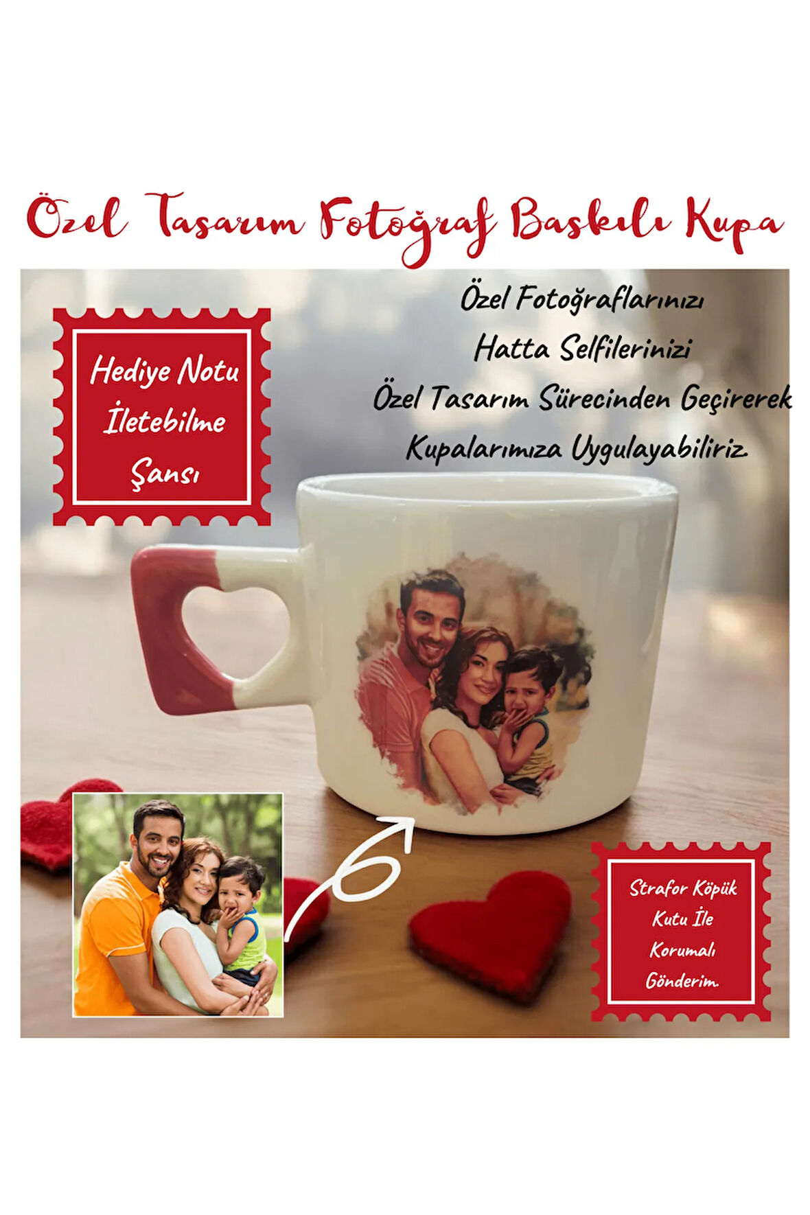 Özel Tasarım Fotoğraf Baskılı El Yapımı Kalp Kupa - Çay, Kahve Fincanı