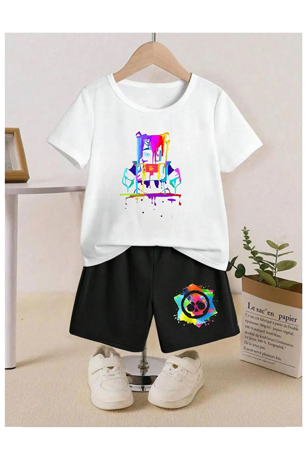 Çocuk Tasarım Brawl Stars Boyacı Renkli Baskılı T-Shirt Şort Alt Üst Takım %100 Pamuk