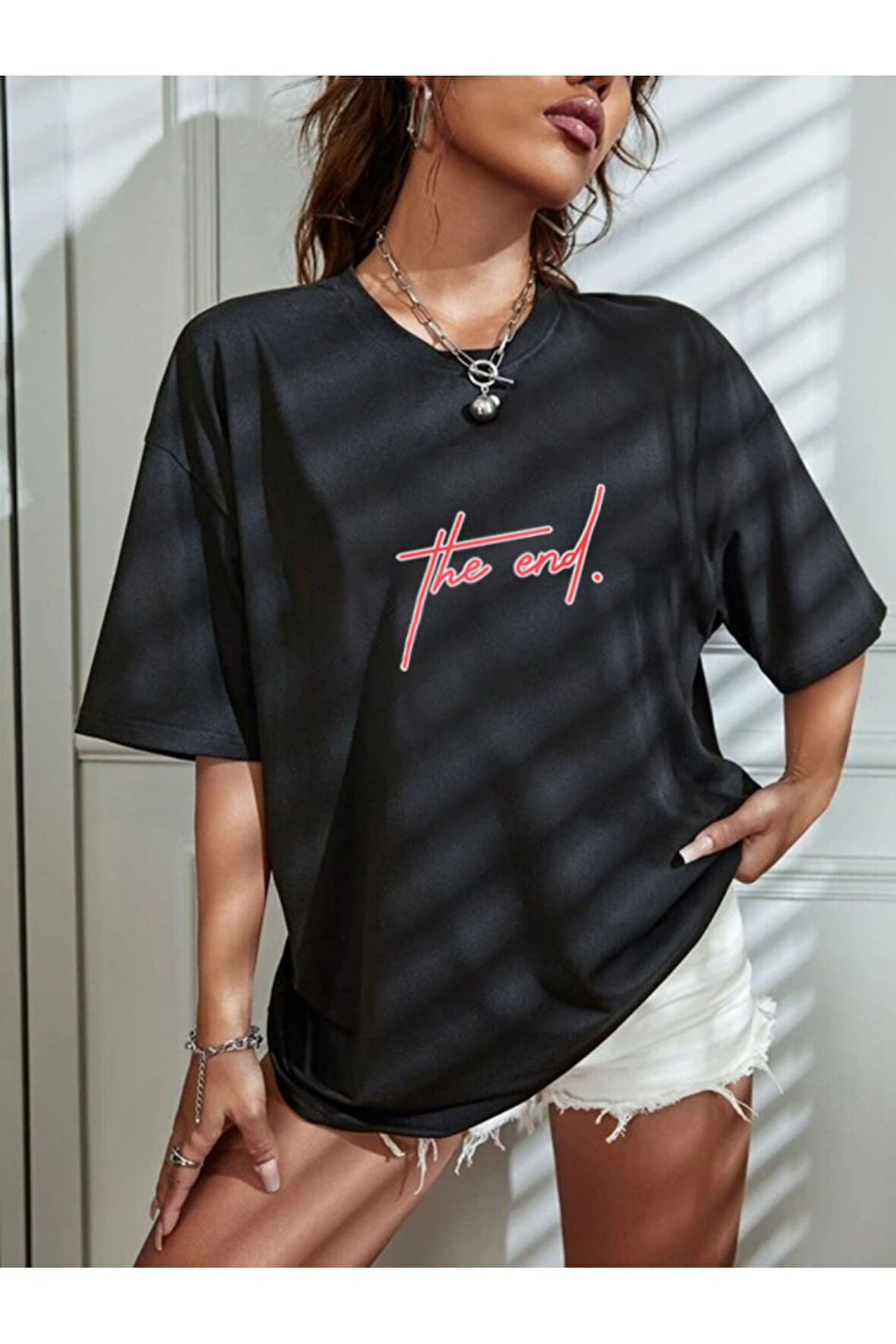 LUNAVISTA Aynewmoda The End Baskılı Beyaz Oversize Kadın T-shirt