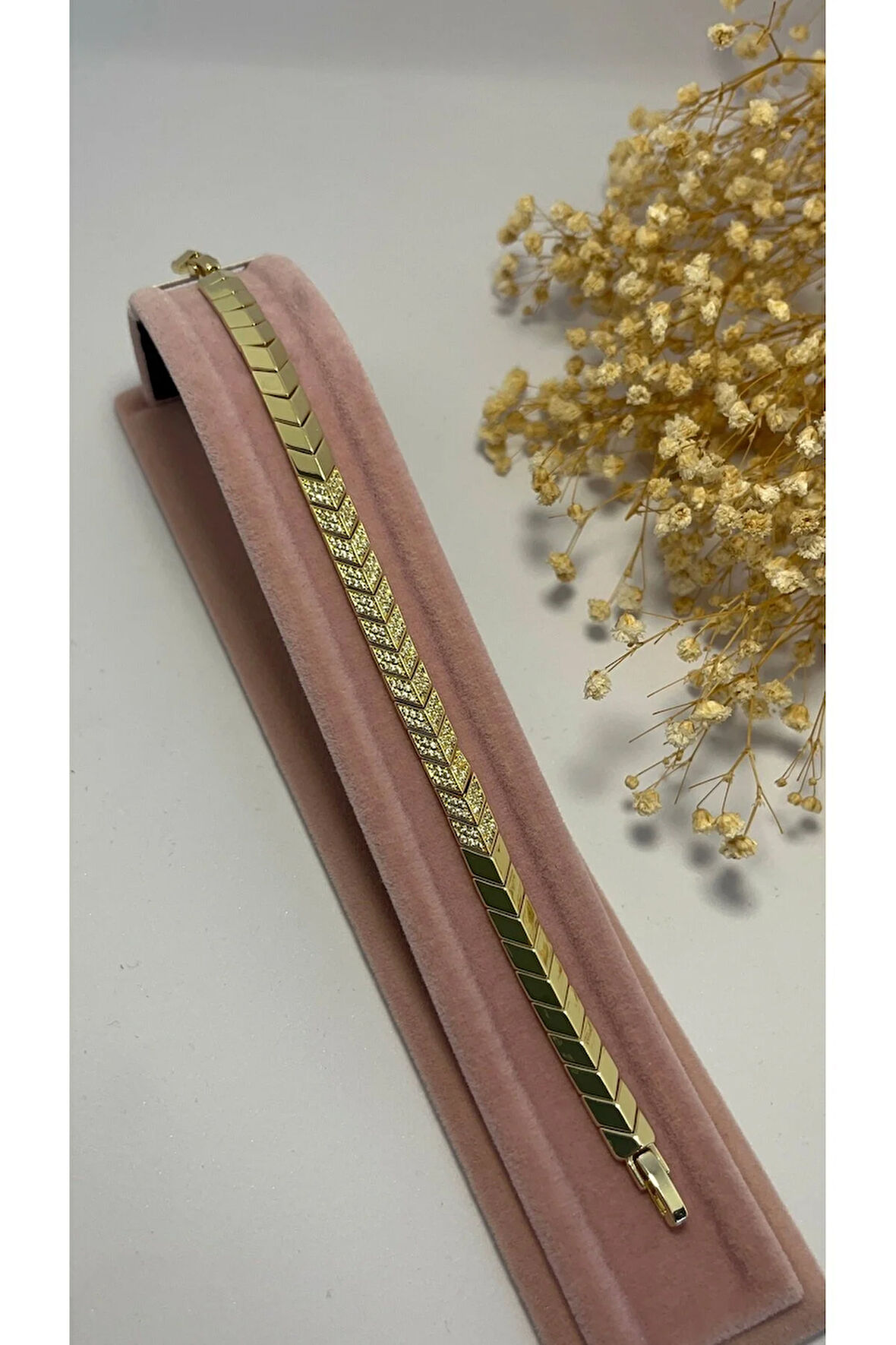 Taş Detaylı İnce Gold Balıksırtı Bileklik