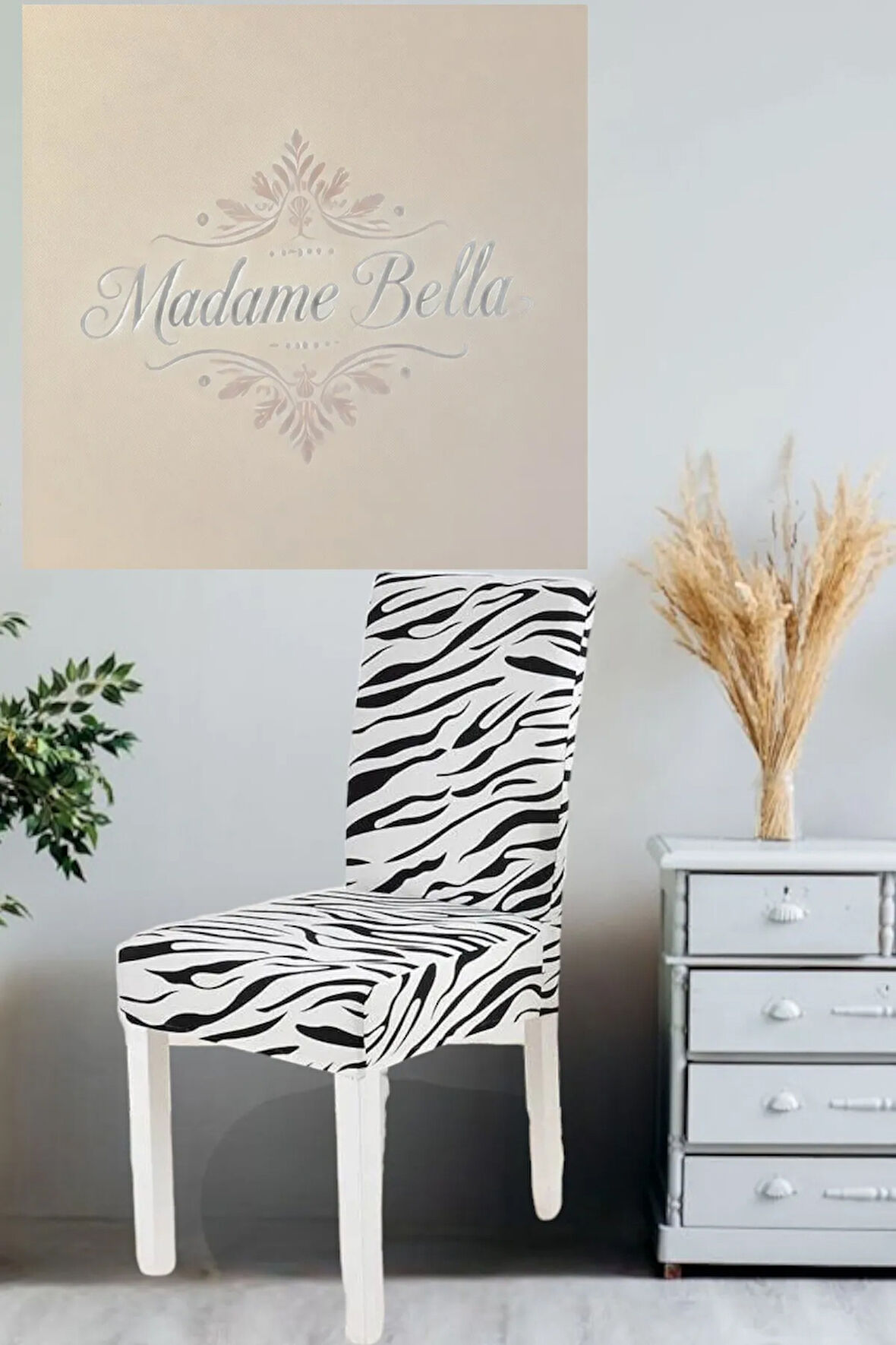 1 adet Siyah Renk Zebra Desen Tüylenmez Kaymaz Esnek Lastikli Dijital Sandalye Kılıfı,45x45x60 Ölçü