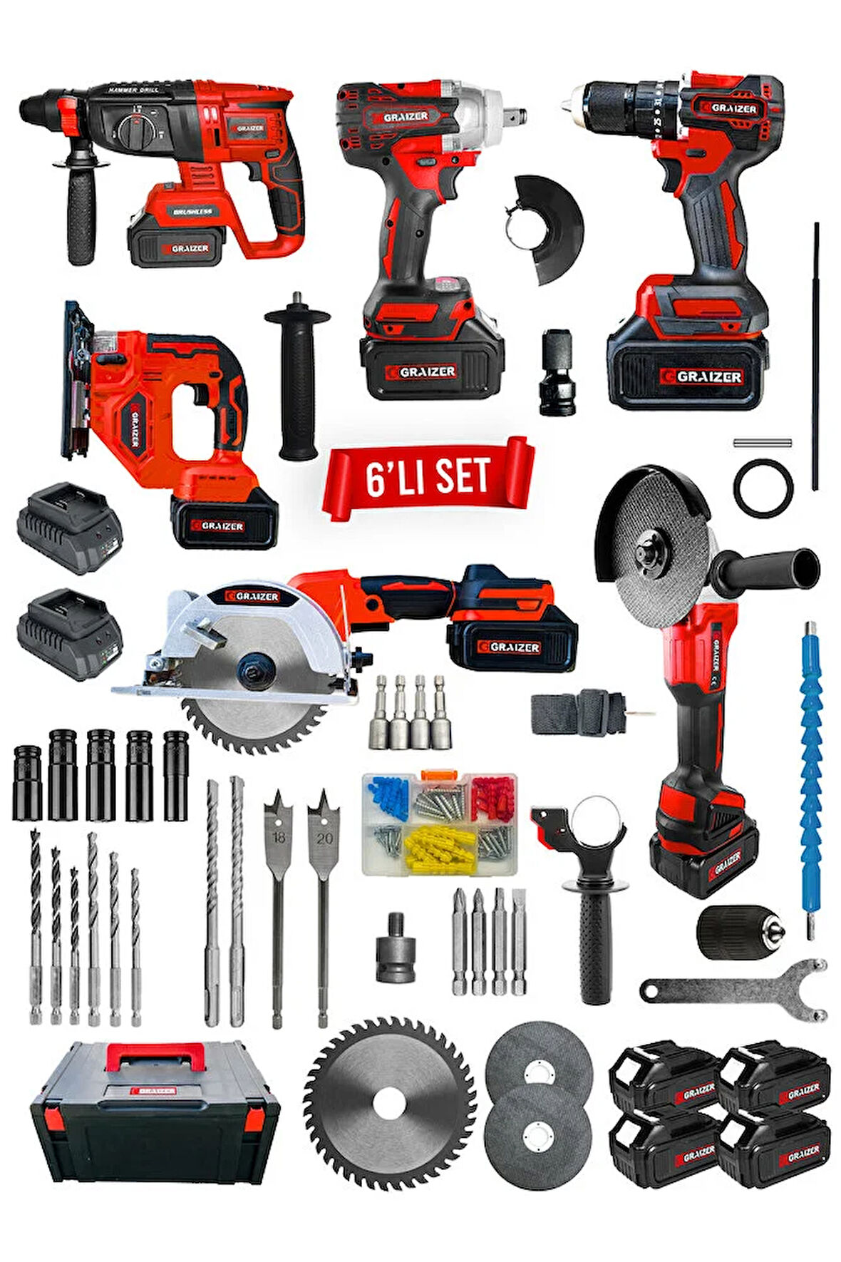 Graizer Profesyonel Kömürsüz Bakır Sargılı Çelik Şanzıman 6'lı Set Sunta Kesme+Dekupaj Kırmızı