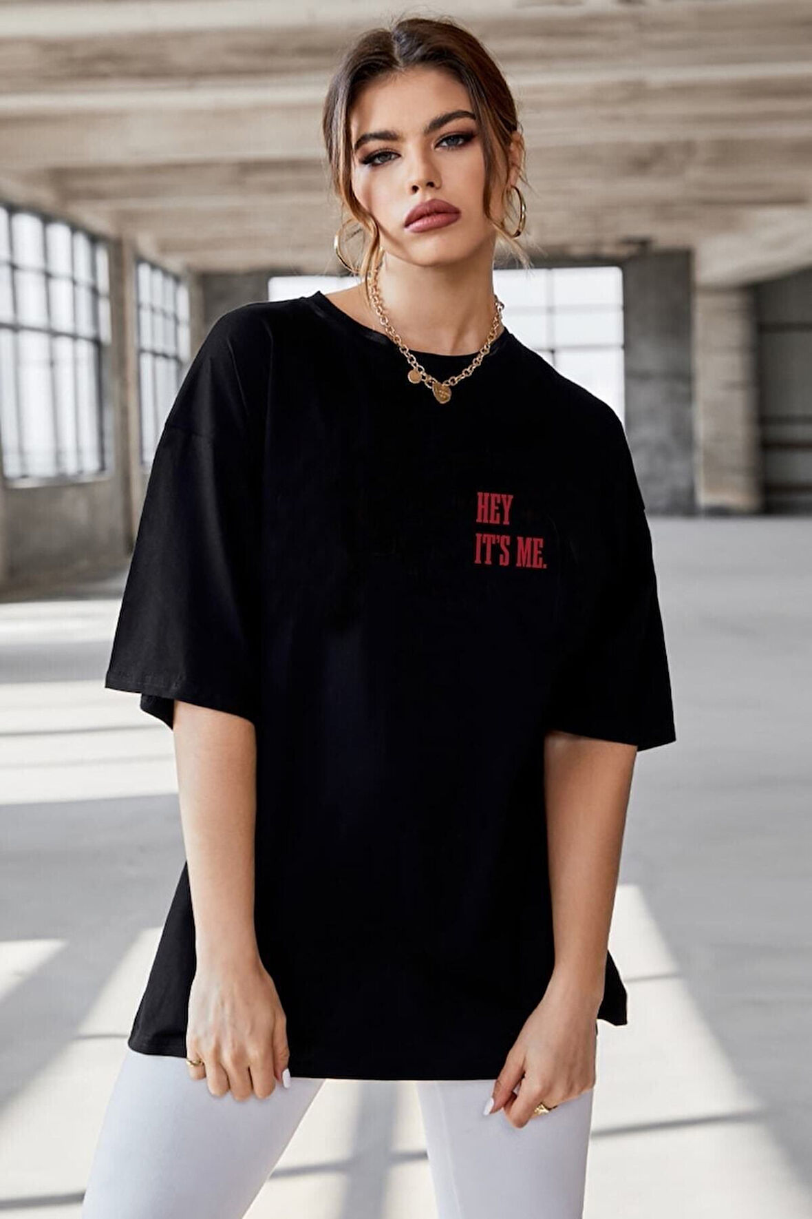 Oversize Hey It's Me Baskılı garalio T-shirt
