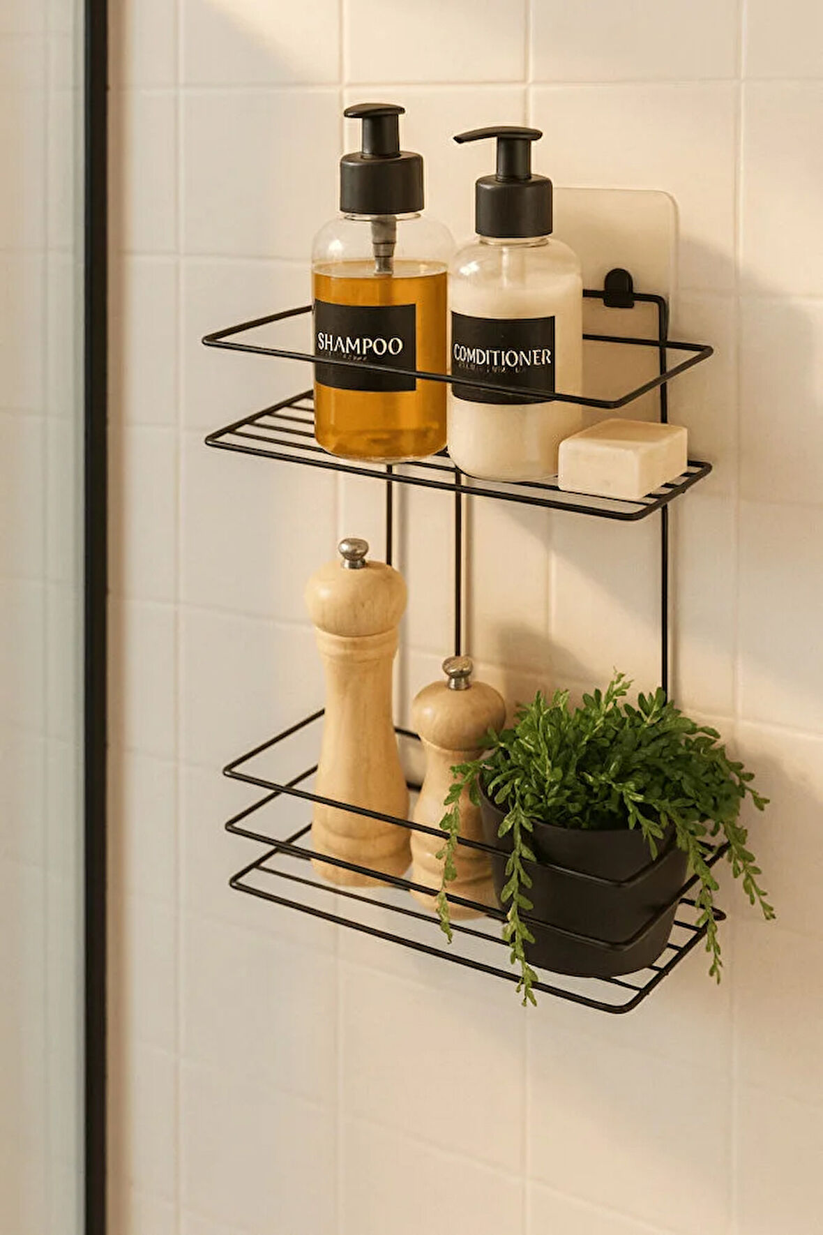 2 Katlı Siyah Yapışkanlı Banyo Rafı, Duş, Şampuanlık Düzenleyici, Paslanmaz Metal (VİDALA/YAPIŞTIR)
