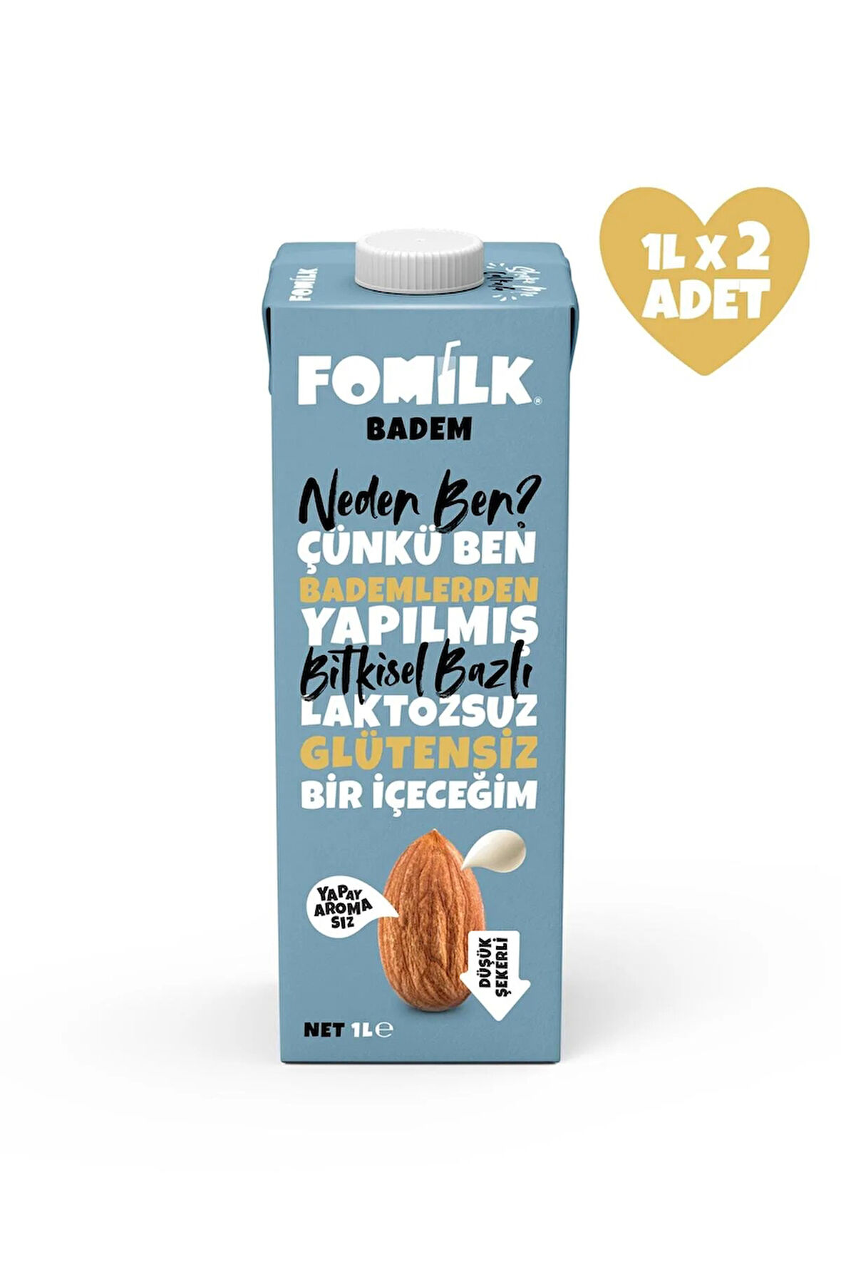 Badem Sütü Glutensiz Bitkisel Bazlı Laktozsuz Vegan 1 Lt x 2 Adet